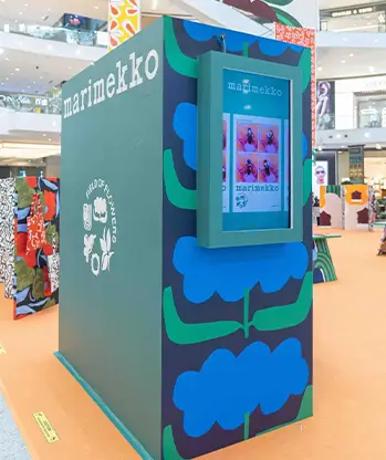 Marimekko overhead photo booth branded box structure floral pattern Malaysia