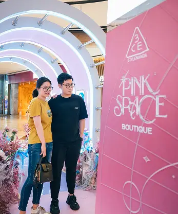 3CE AI photo booth user posing pink cosmic avatar generation Malaysia