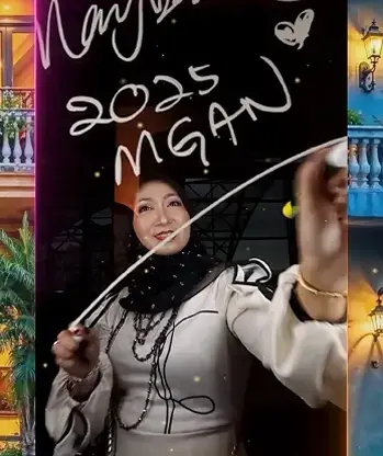 Guest smiling while signing '2025 MGAN' on the illuminated glass drawing booth at Maybank Group Awards Night