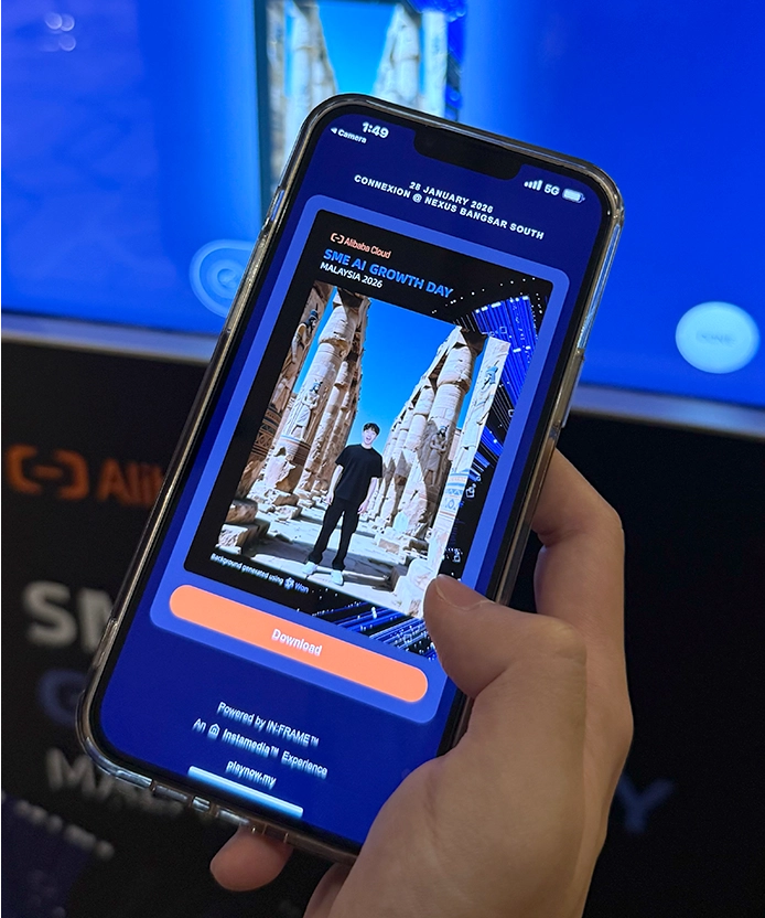 Hand holding a phone displaying the AI-generated portrait on the event app.