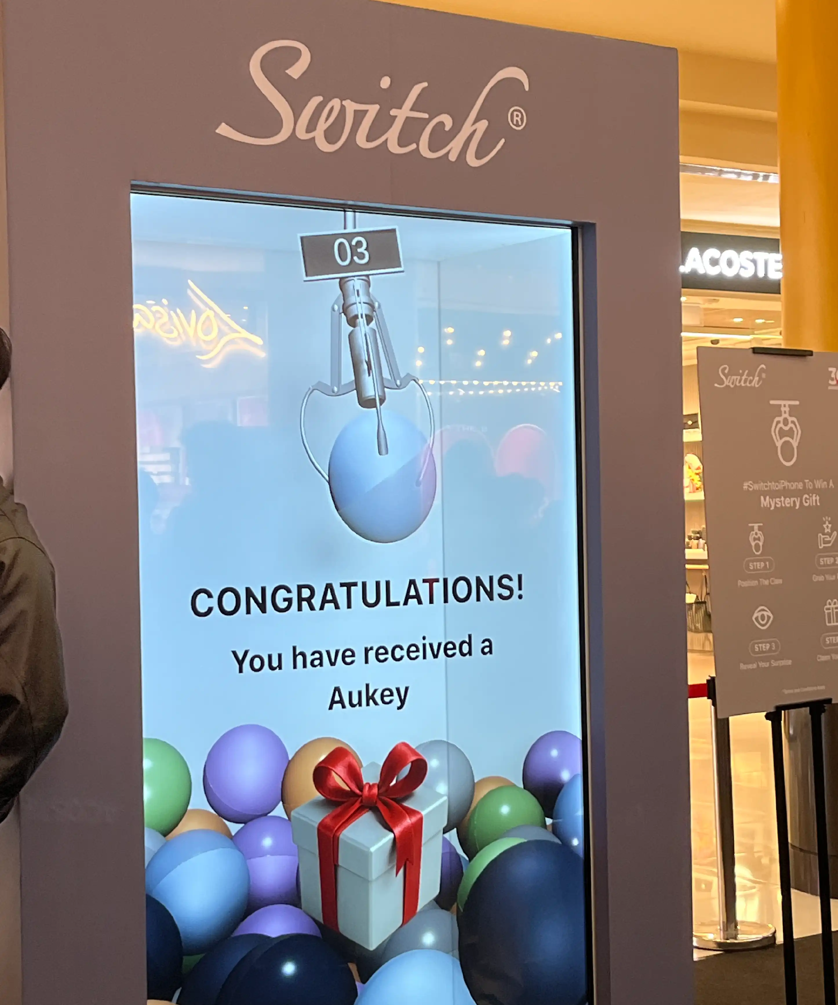 Real-time prize redemption at the Switch digital claw machine game, Sunway Pyramid, Kuala Lumpur