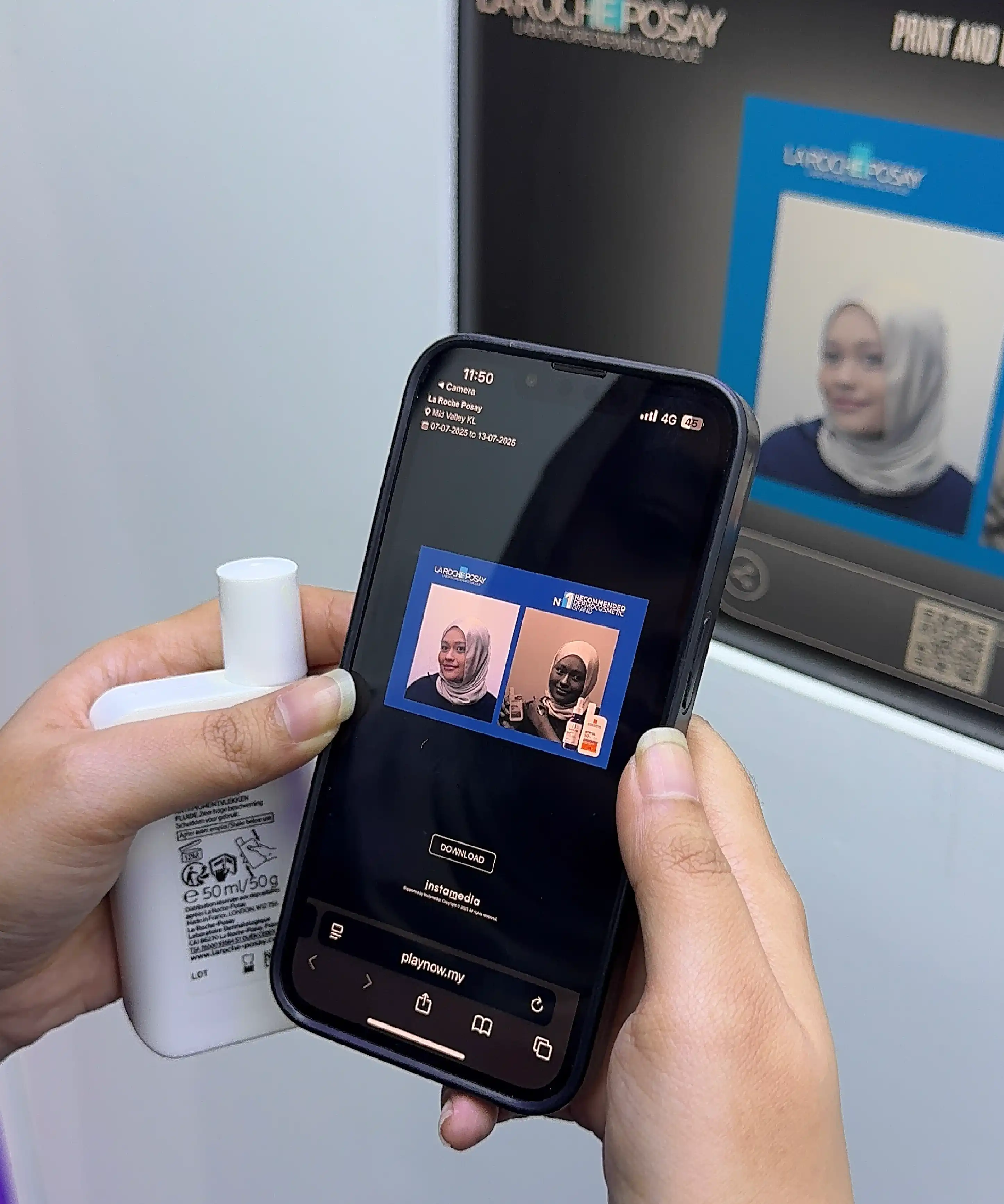 La Roche-Posay UV photo booth visitor scanning QR code to download dual camera comparison photos Malaysia