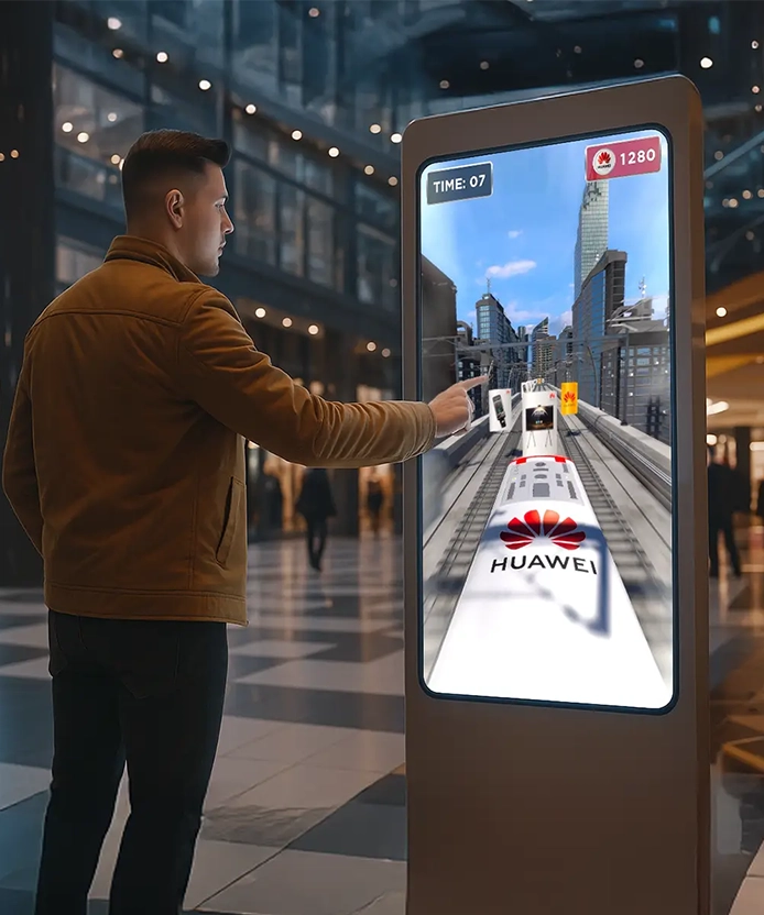 Man playing Huawei 3D train conference game on touchscreen kiosk, Malaysia