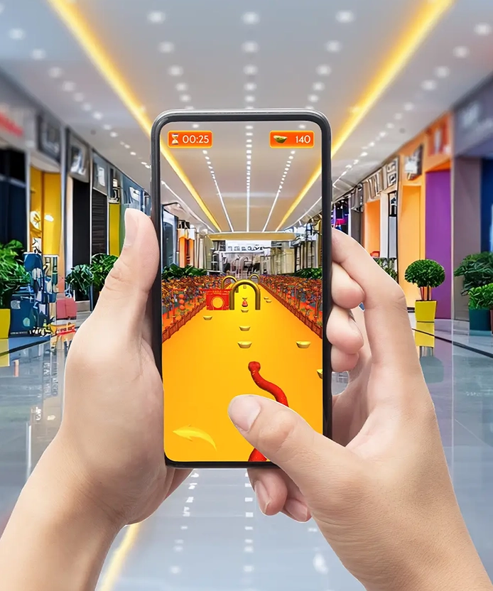 Hands holding phone playing Hennessy CNY Web-AR snake game gameplay screen, Malaysia