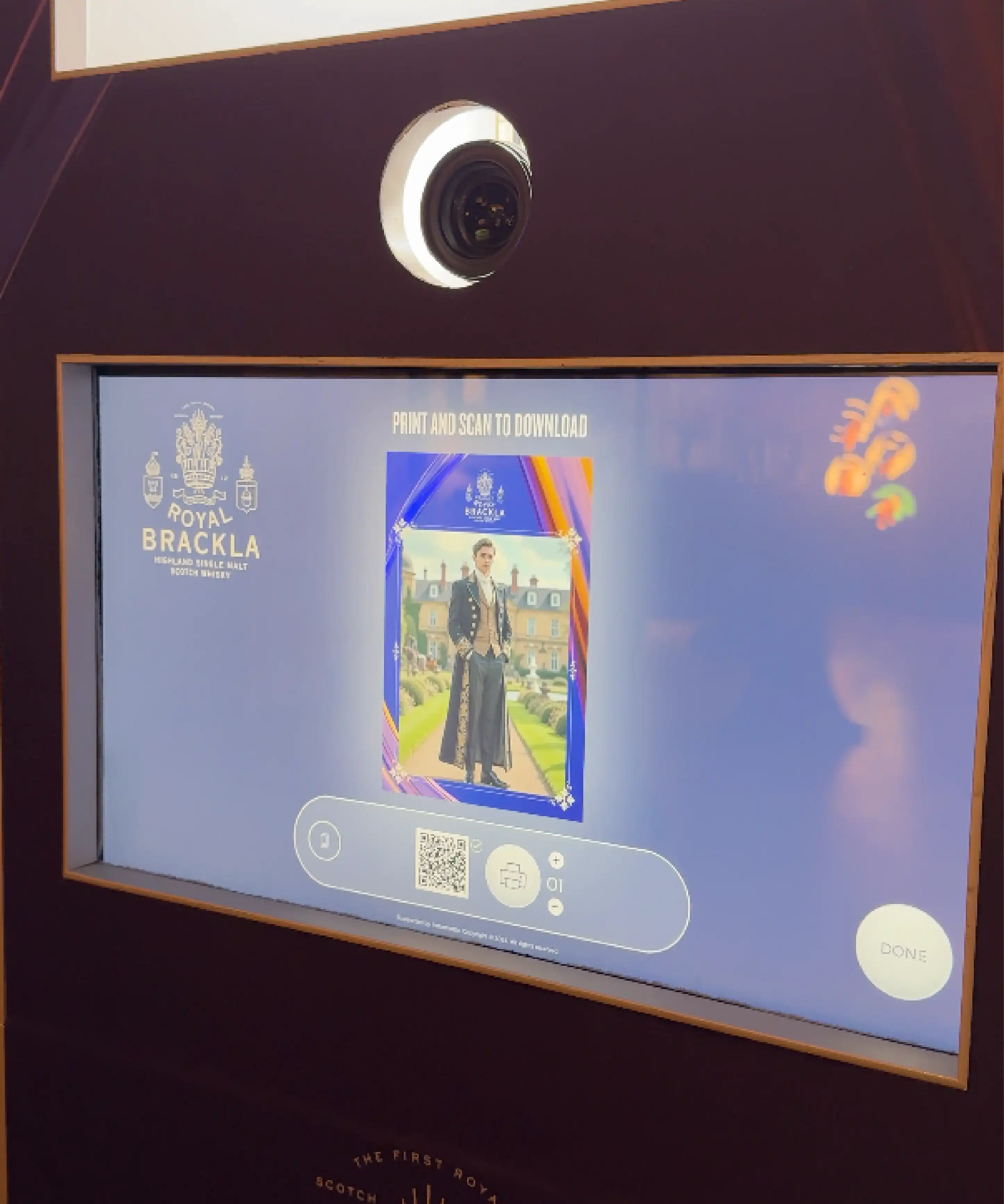 Royal Brackla Instabox screen showing AI Highland portrait and QR download, Malaysia