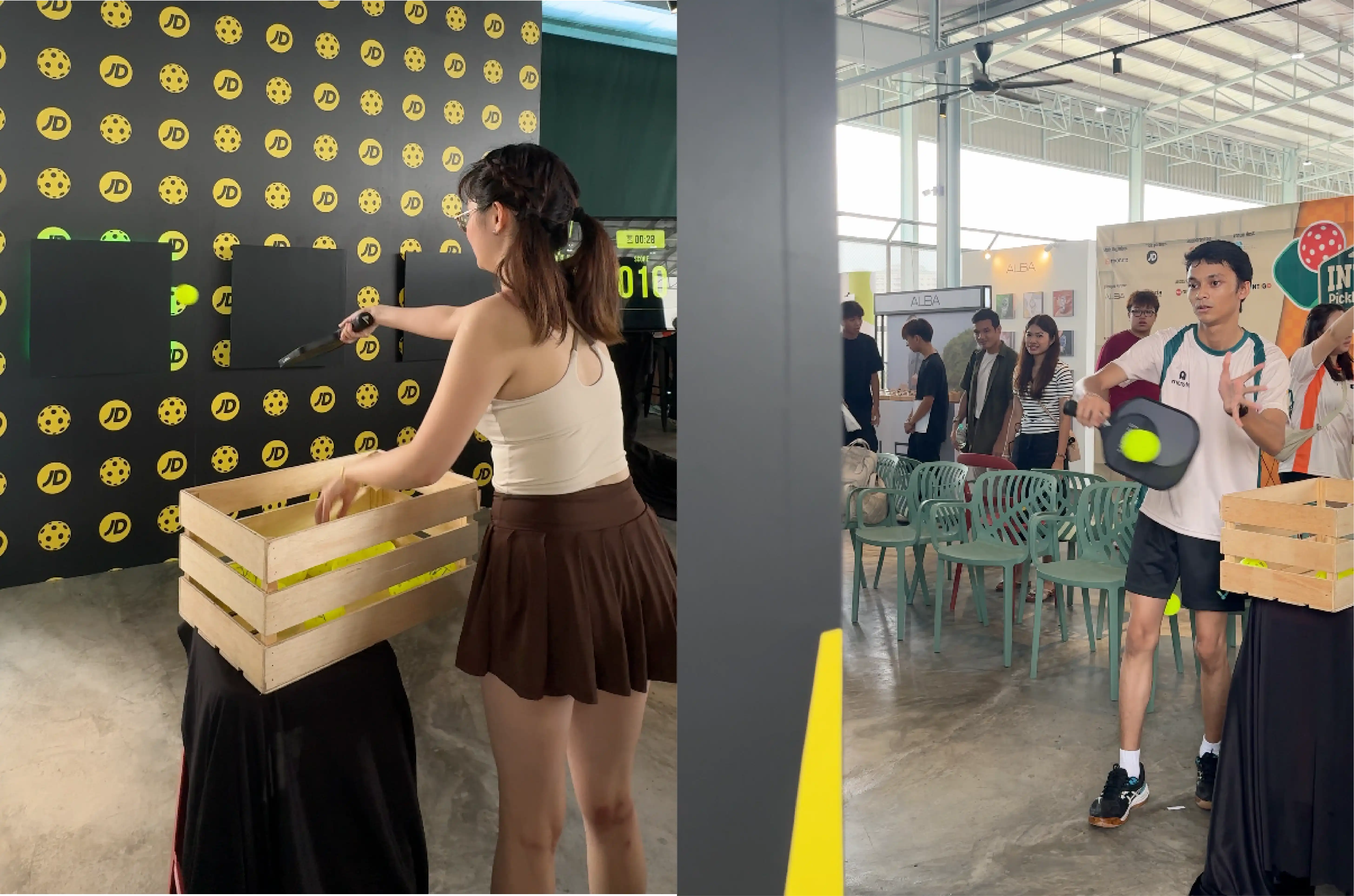 JD Sports branded digital pickleball wall game with a player aiming a ball at target panels