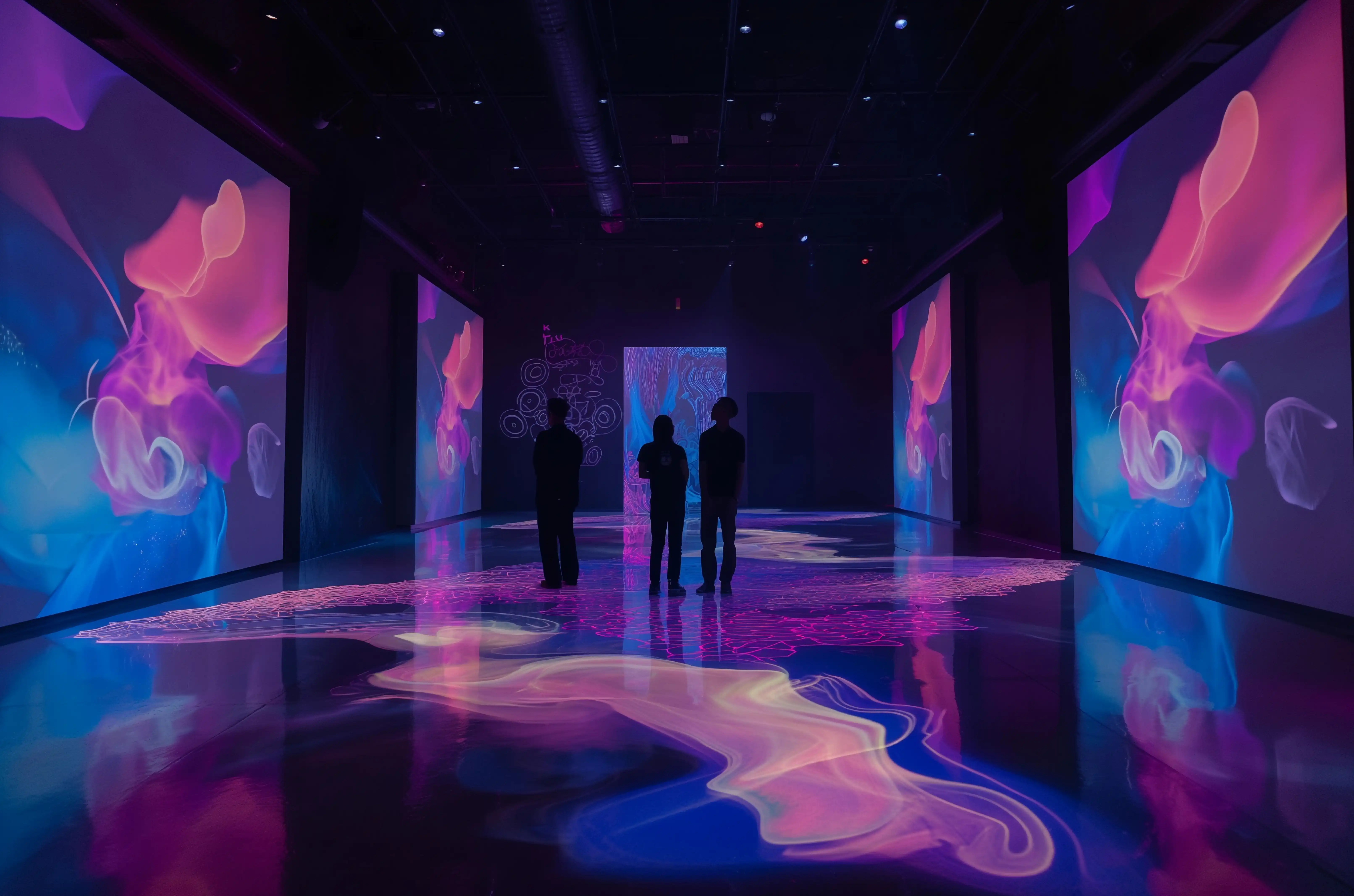Visitors silhouetted inside an immersive digital art room with colourful wall projections