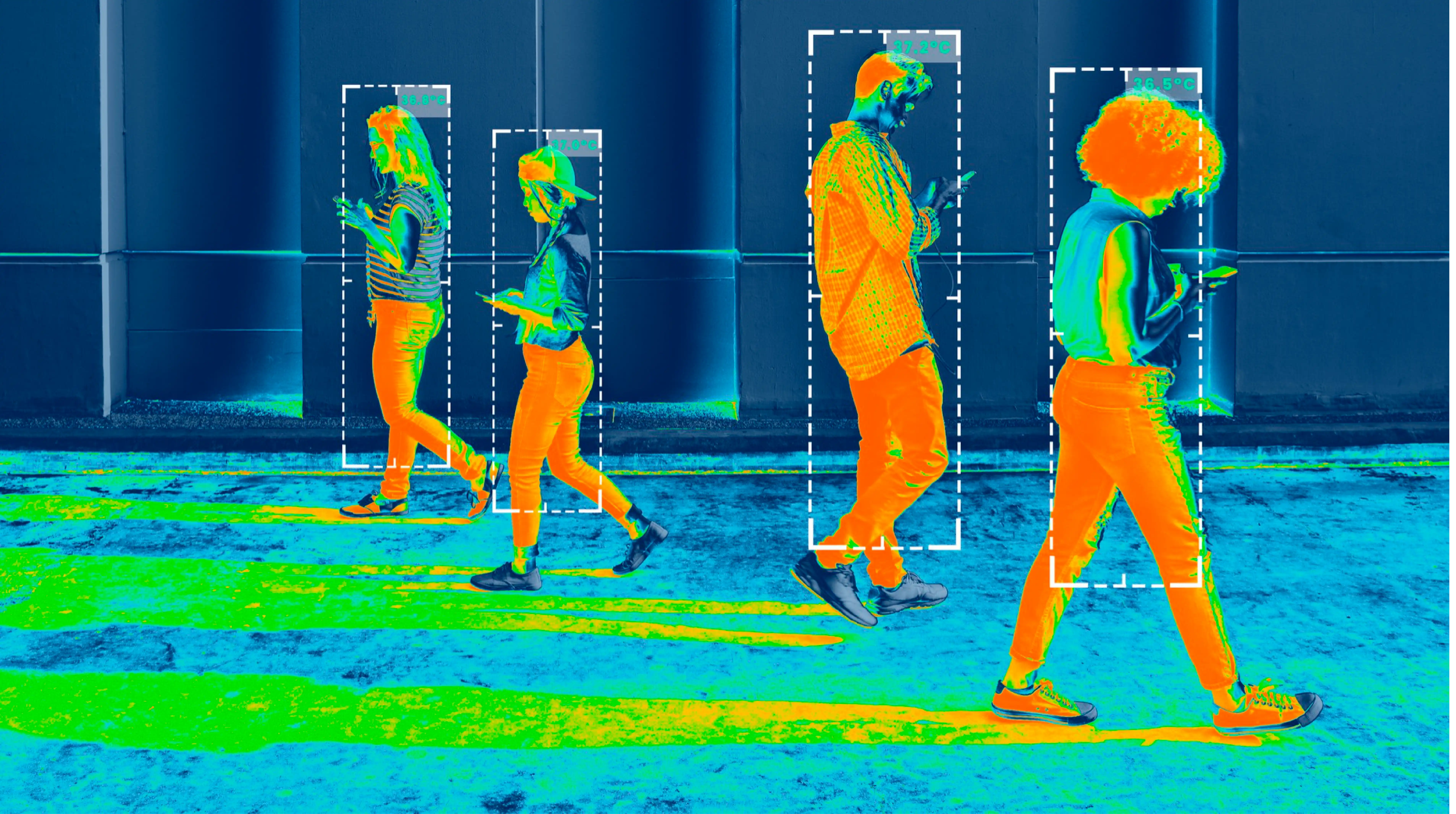 Thermal style AI graphic tracking four walking people with boxes around their heads