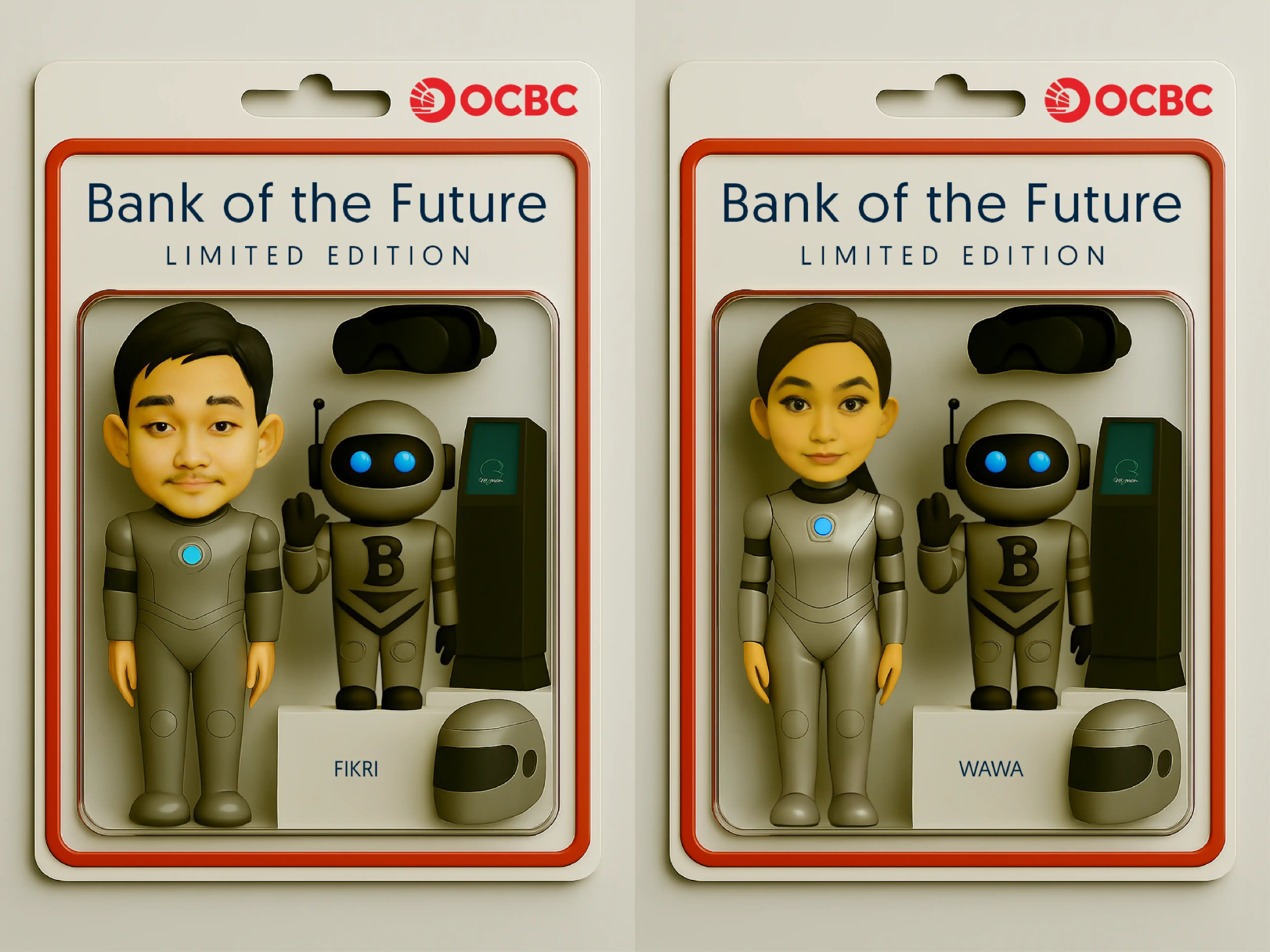 OCBC branded toy action figures in blister pack packaging from the AI Toybox photobooth