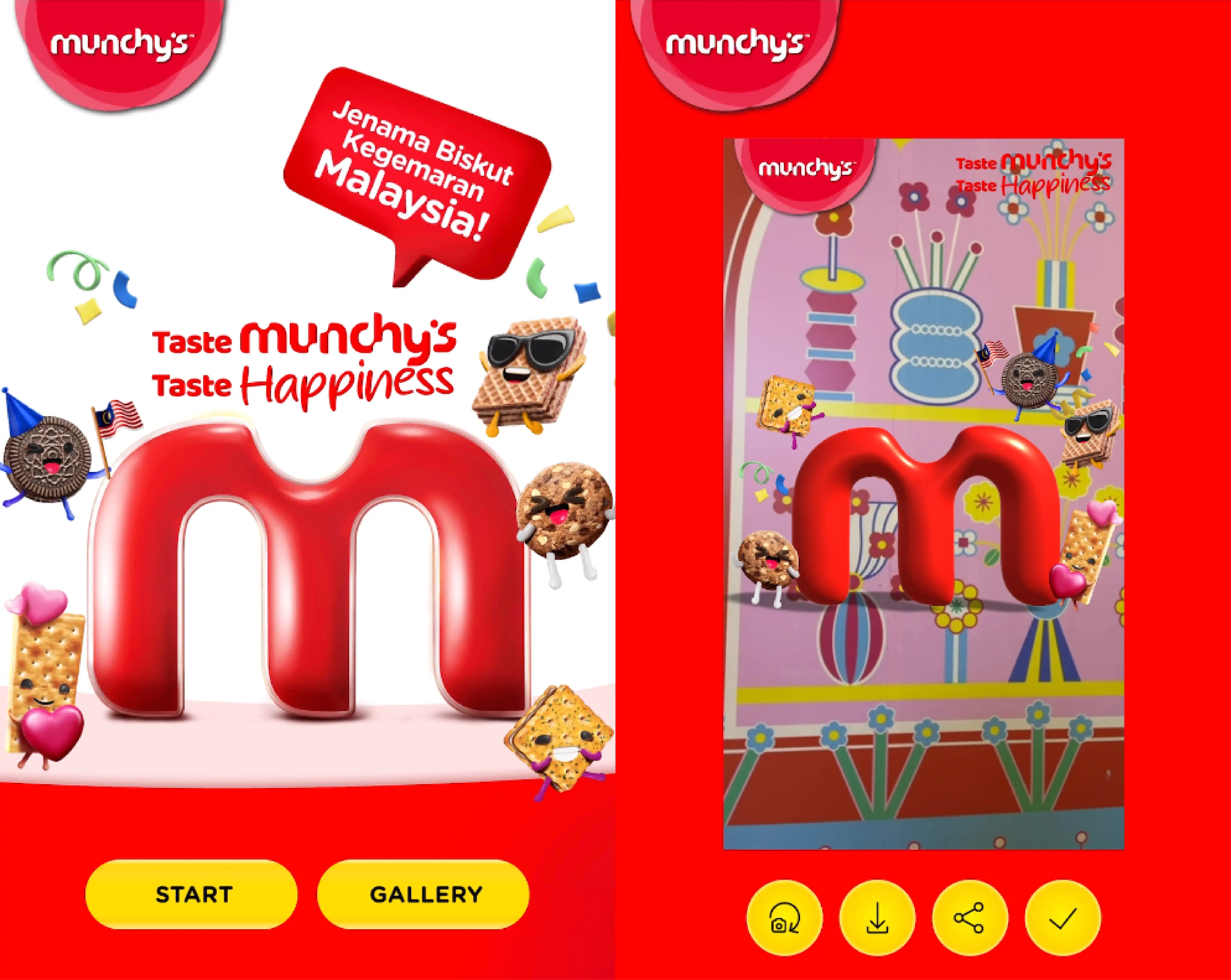 Munchy's Web AR app screens showing the red M mascot and animated biscuit characters