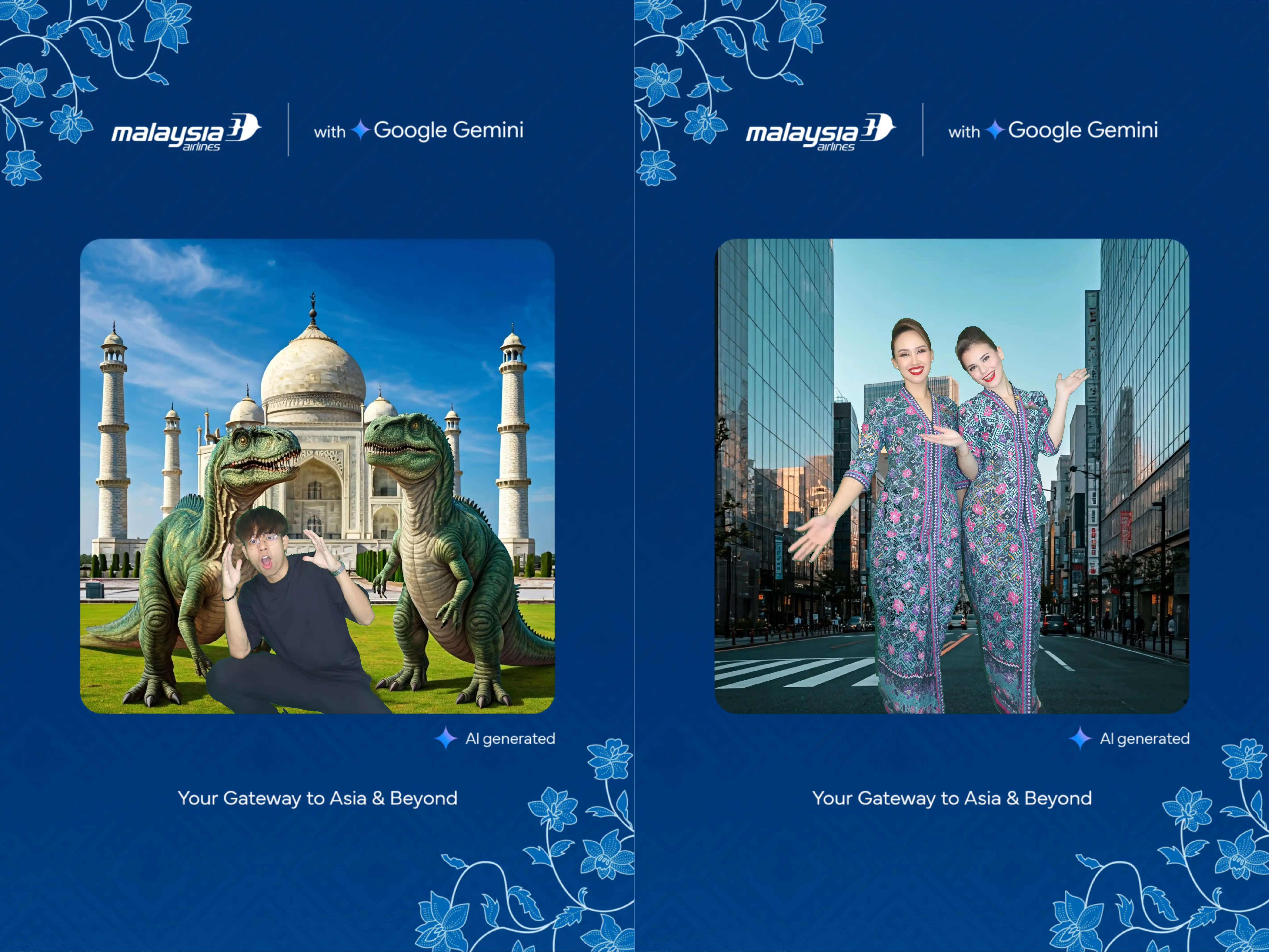 Malaysia Airlines AI generated travel photos placing guests at the Taj Mahal and a city street