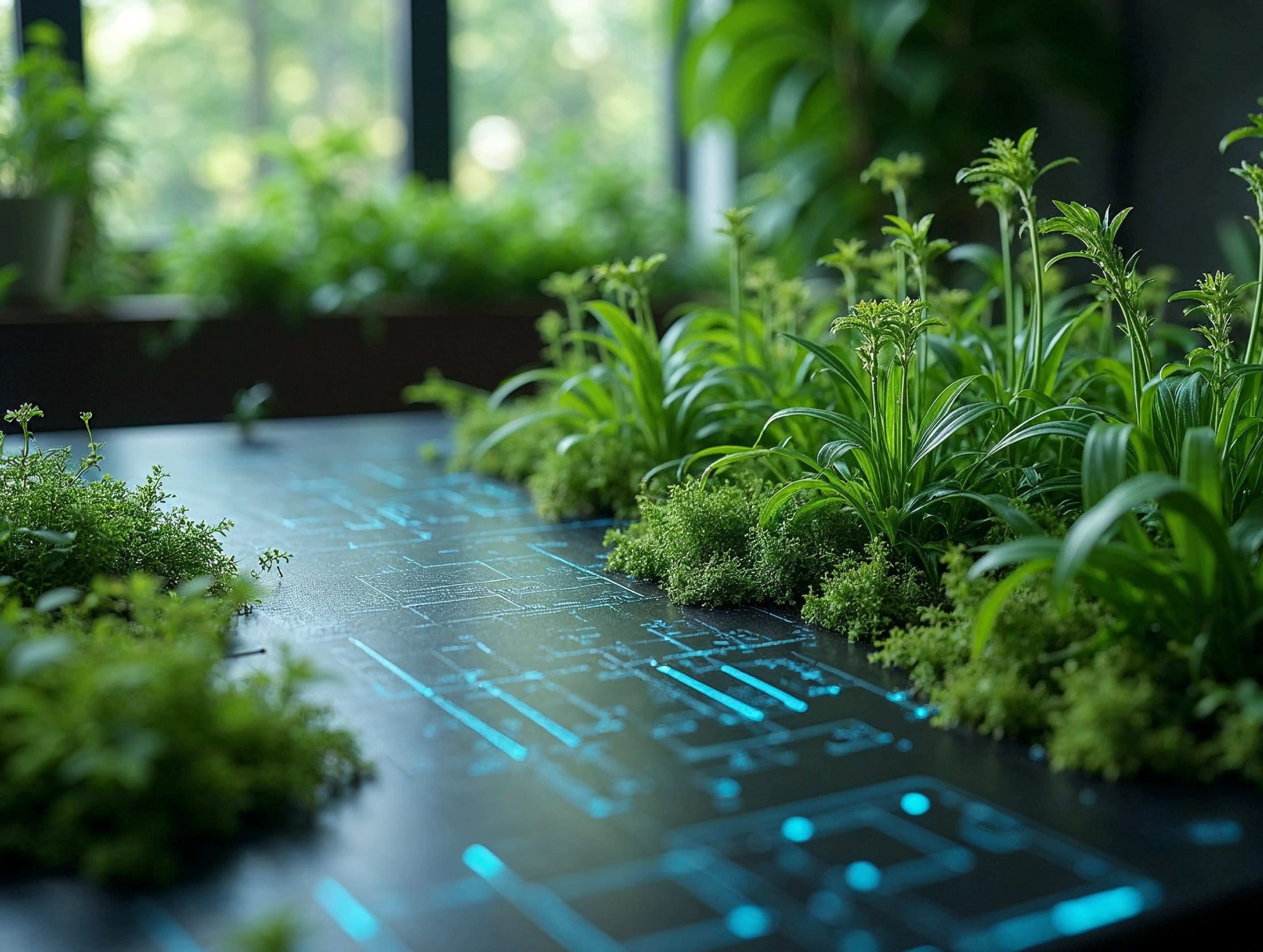Glowing digital circuit pattern surrounded by green plants symbolising sustainability tech