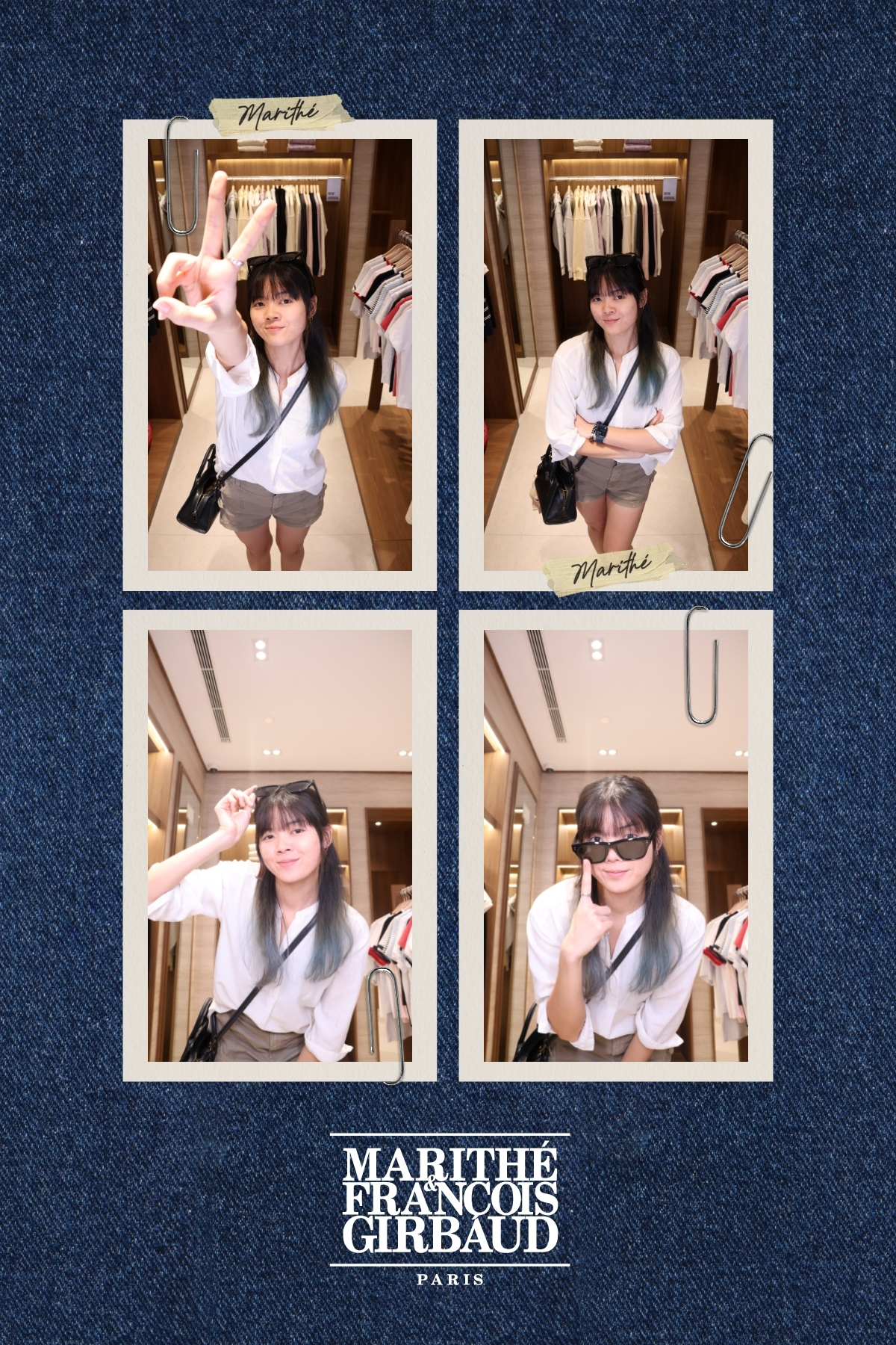 Printed four-pose photo strip on denim background with Marithé + François Girbaud logo
