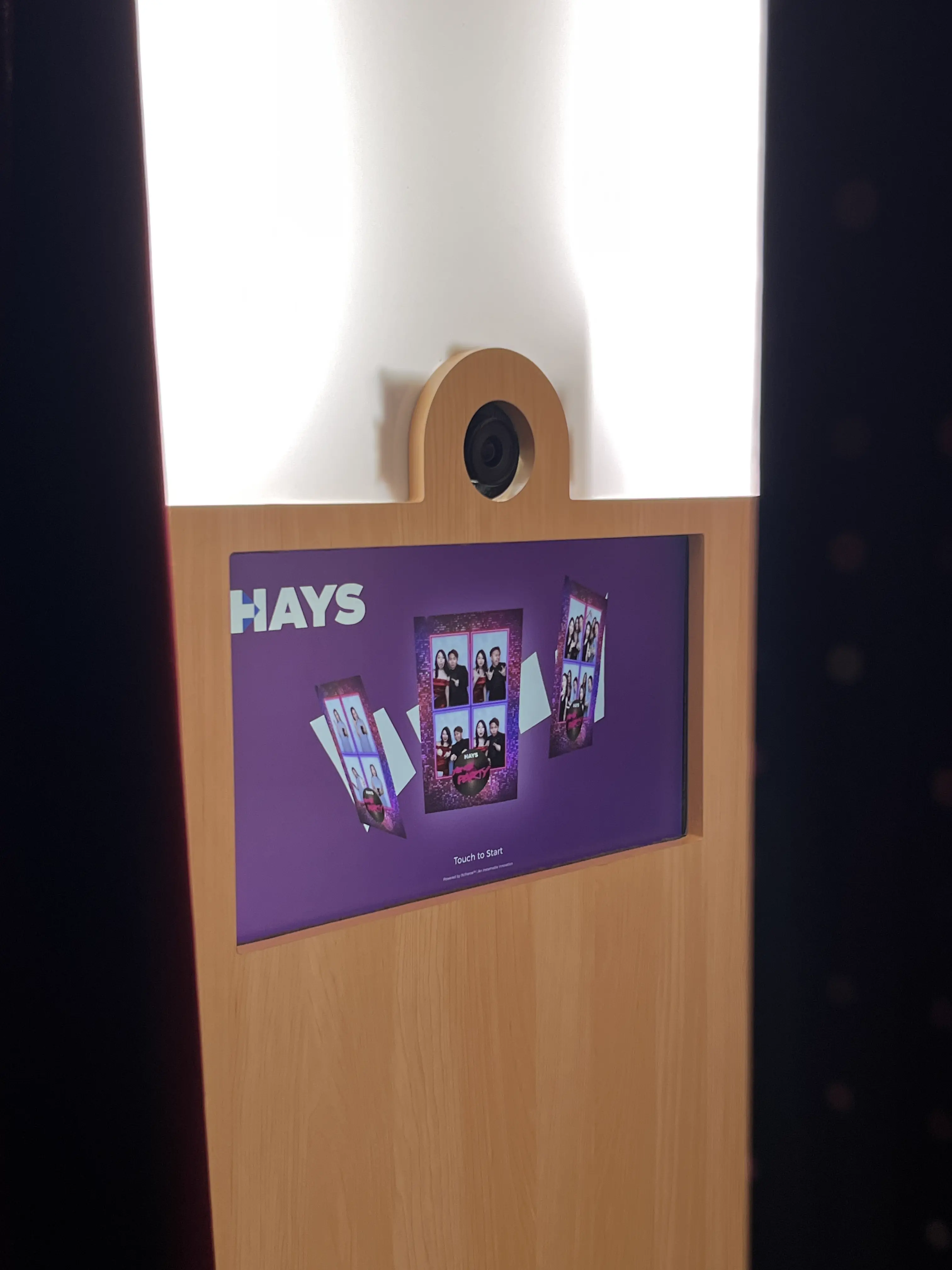 Instabooth 2.0 camera and Touch to Start screen with HAYS party prints