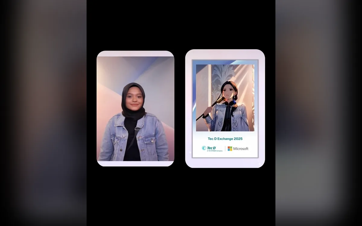 Guest photo beside her anime-style AI portrait from Microsoft's booth at Tec D Exchange 2025