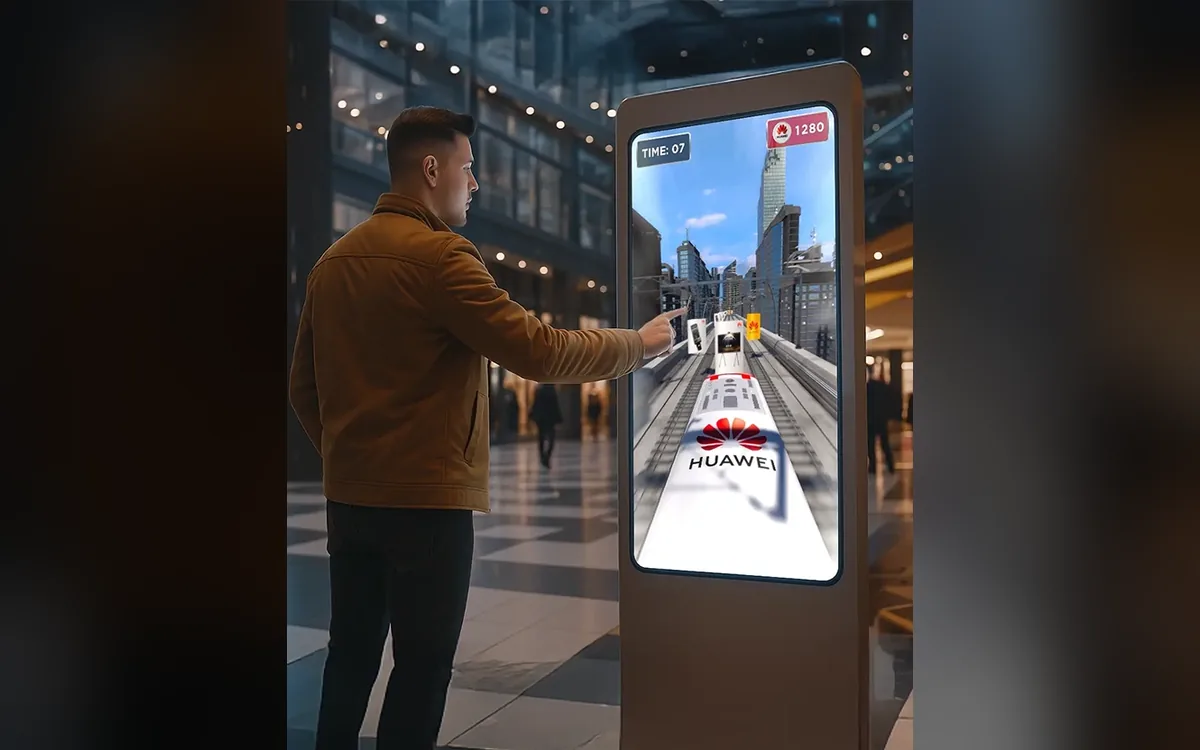 Guest playing the Huawei 3D train game on a large touchscreen kiosk
