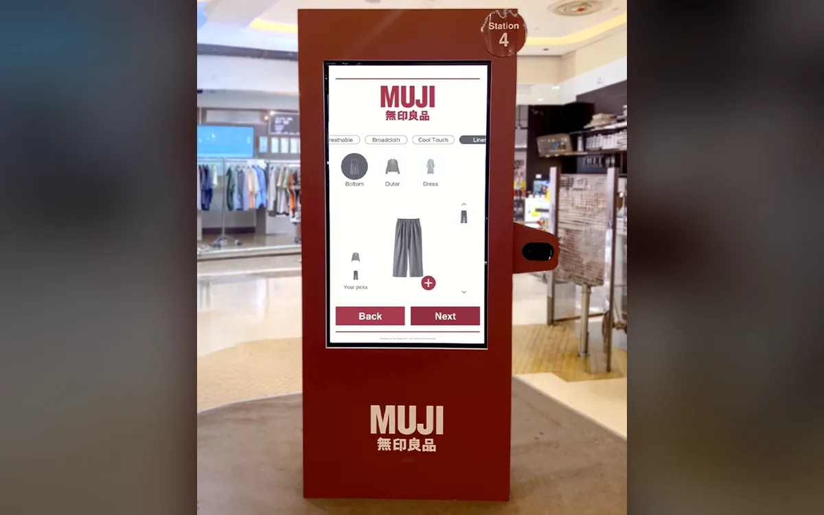 MUJI SS26 digital fitting room kiosk showing the outfit builder screen