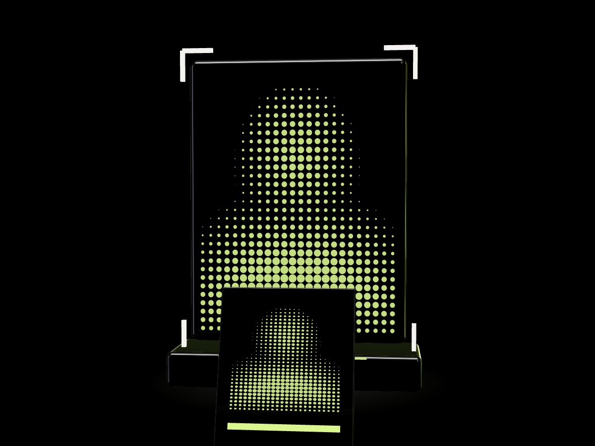 IN:FRAME™ icon: a halftone guest portrait on a glossy black booth, with a branded print coming out of the slot