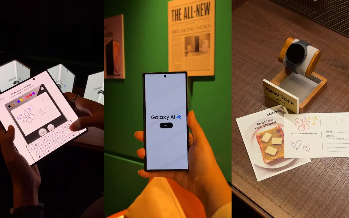 Collage from Samsung's watch party: a flower message drawn on a foldable phone, the Galaxy AI start screen and printed postcards beside a watch