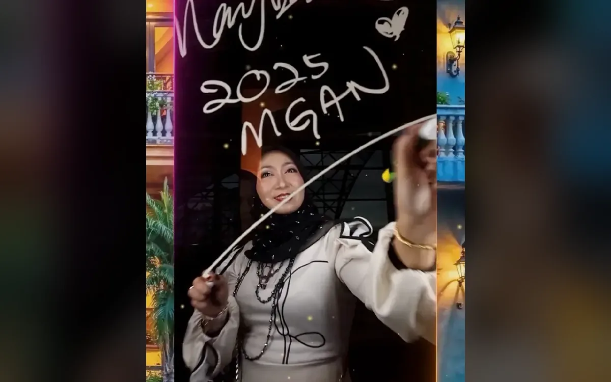 Video still from the glass booth: a guest signs MGAN in glowing ink inside a Havana-themed frame