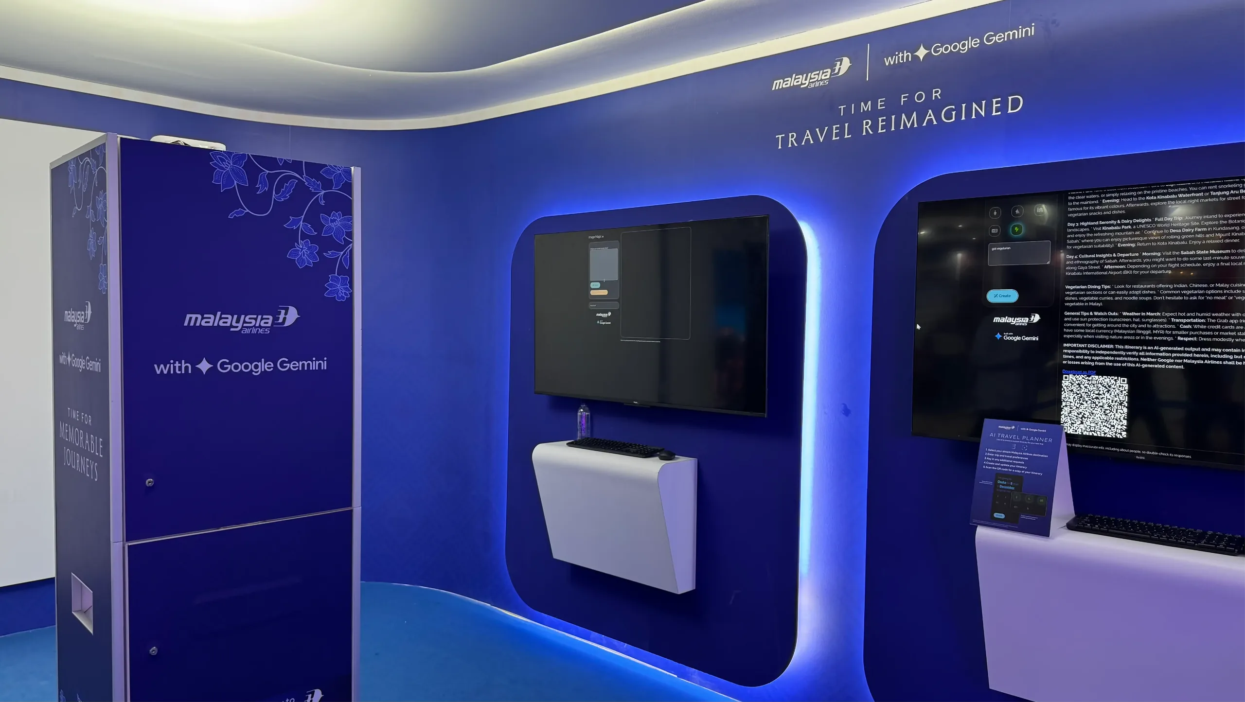 An empty exhibition booth promoting Malaysia Airlines' 'Travel Reimagined' with Google Gemini branding.