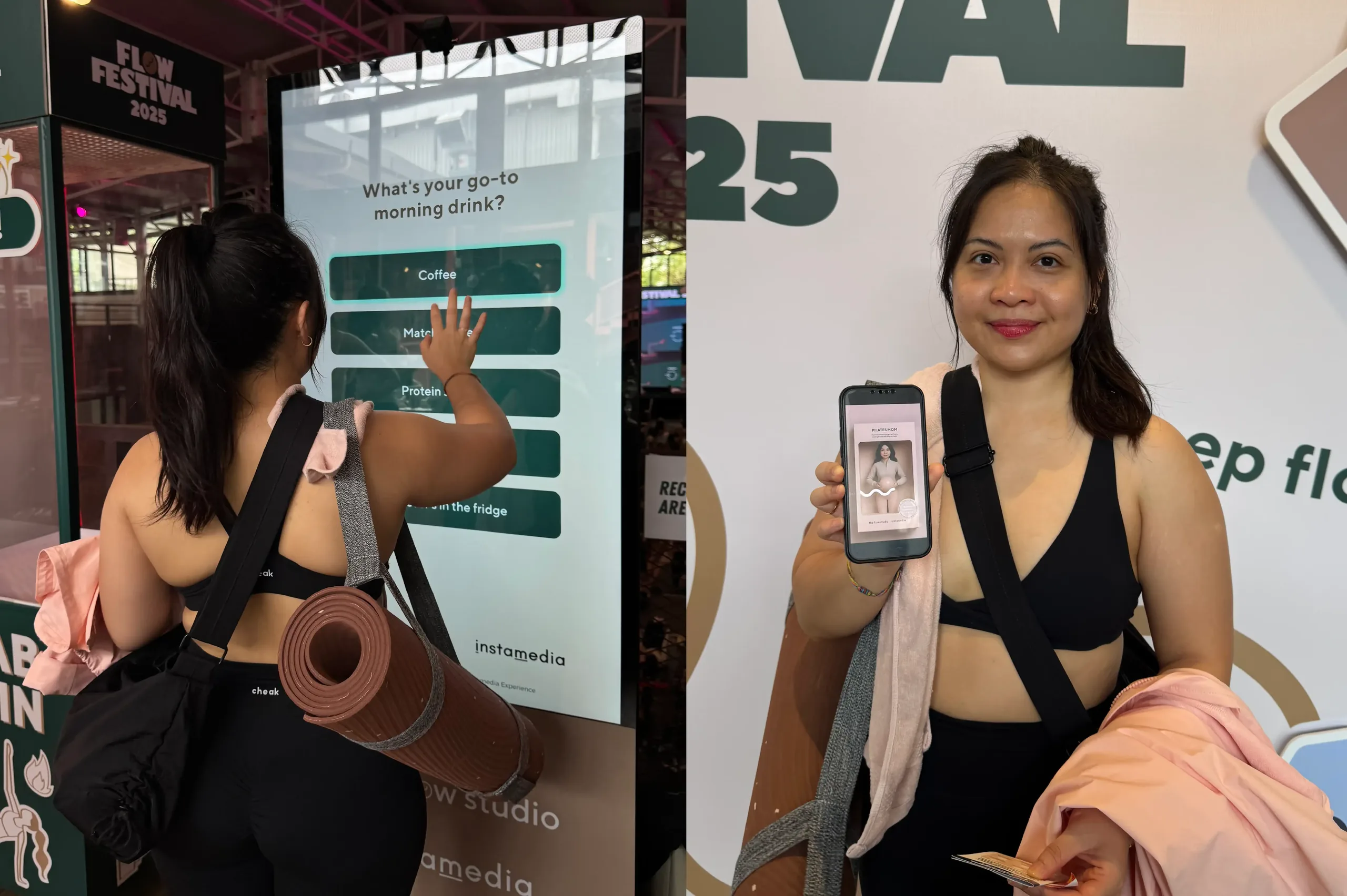 A woman answers a quiz question on-screen while another shows her personalised Flow Festival result on her phone.