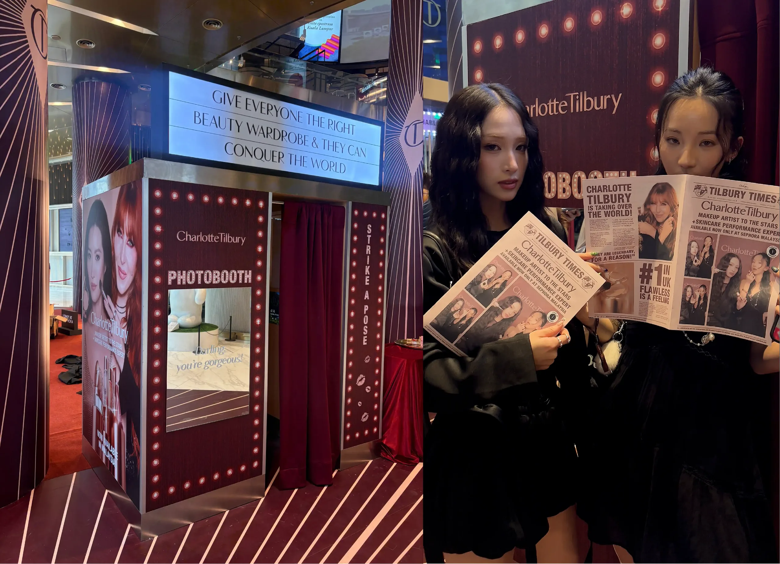 Two women hold branded newspaper-style photo prints beside a vintage marquee photo booth.