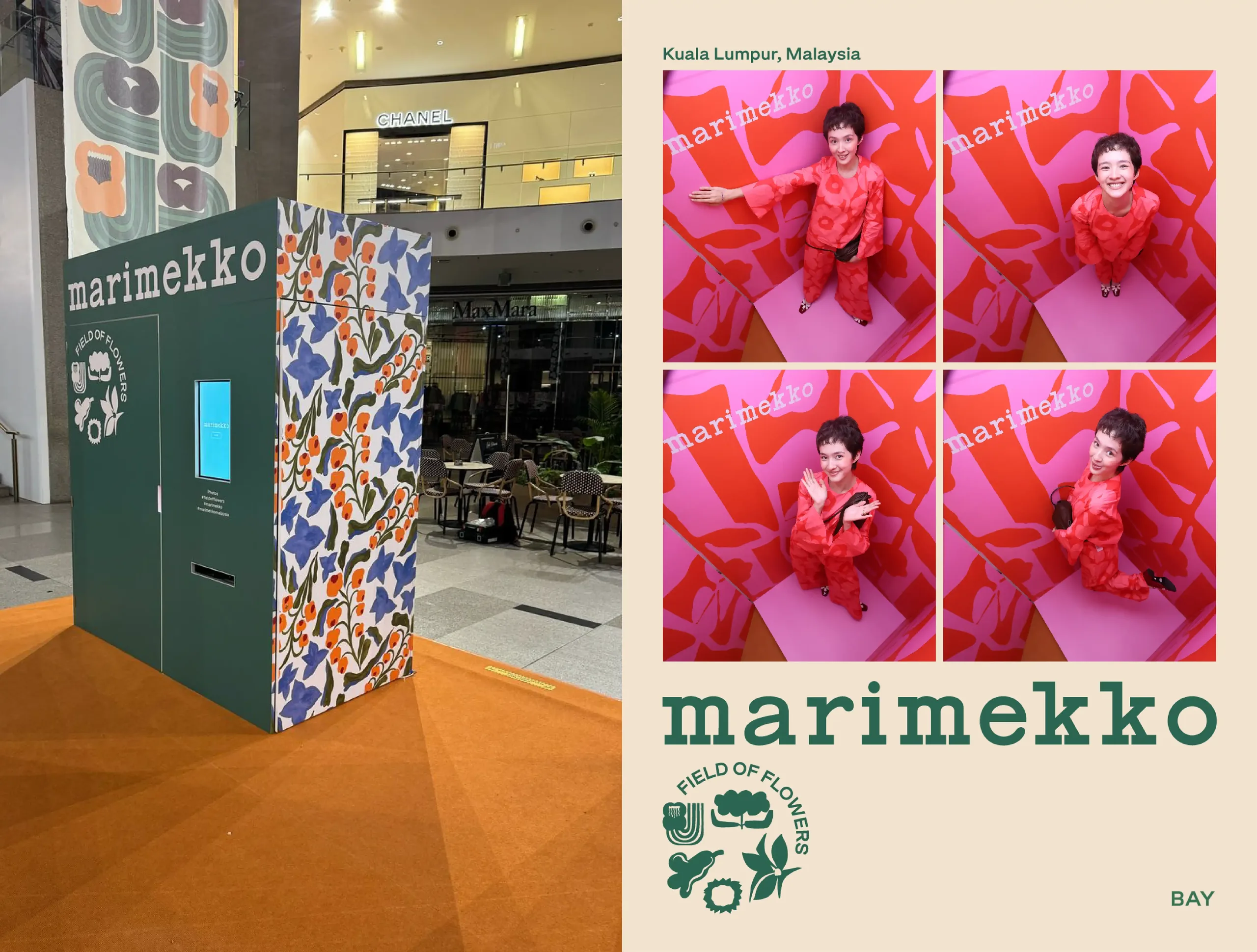 A floral-patterned photo booth cabinet beside its high-angle print of a woman posing from above.