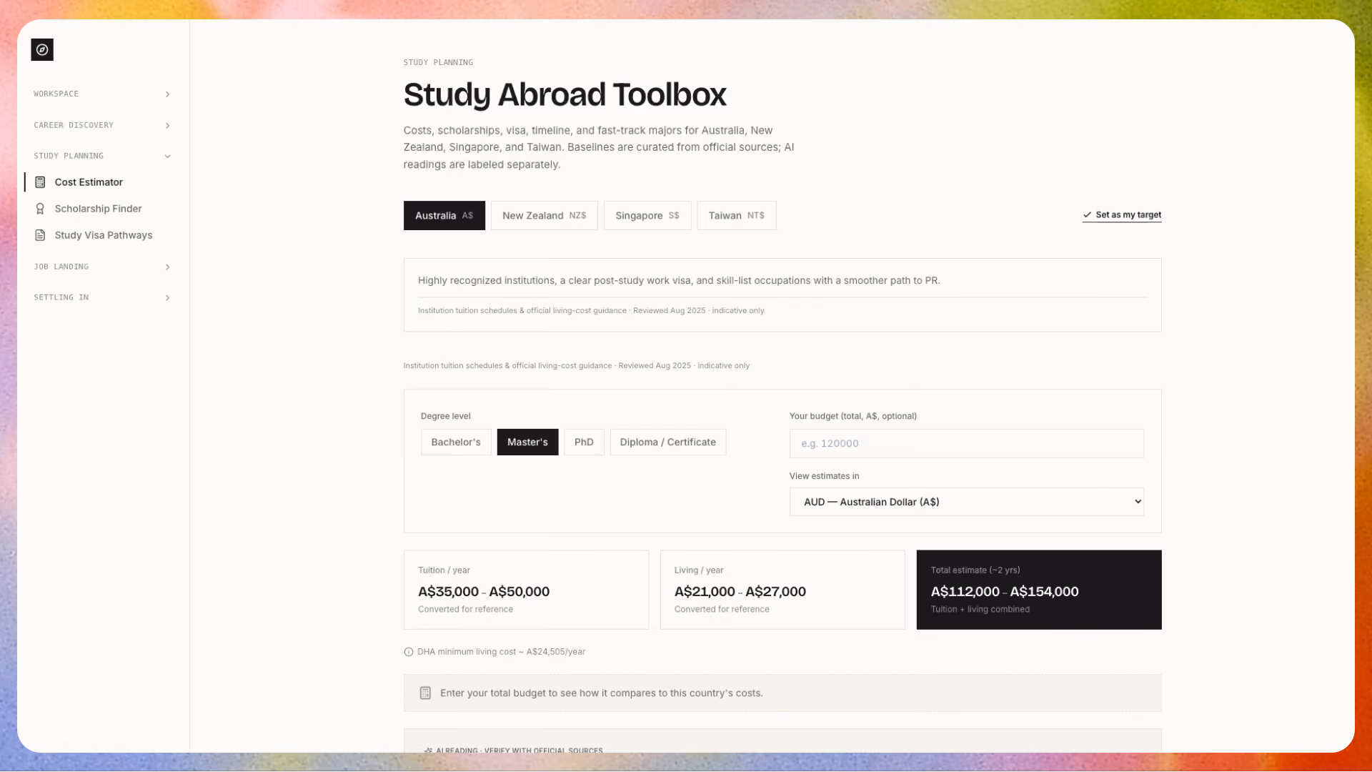 Screenshot of the Study Abroad Toolbox cost estimator showing tuition and living cost ranges