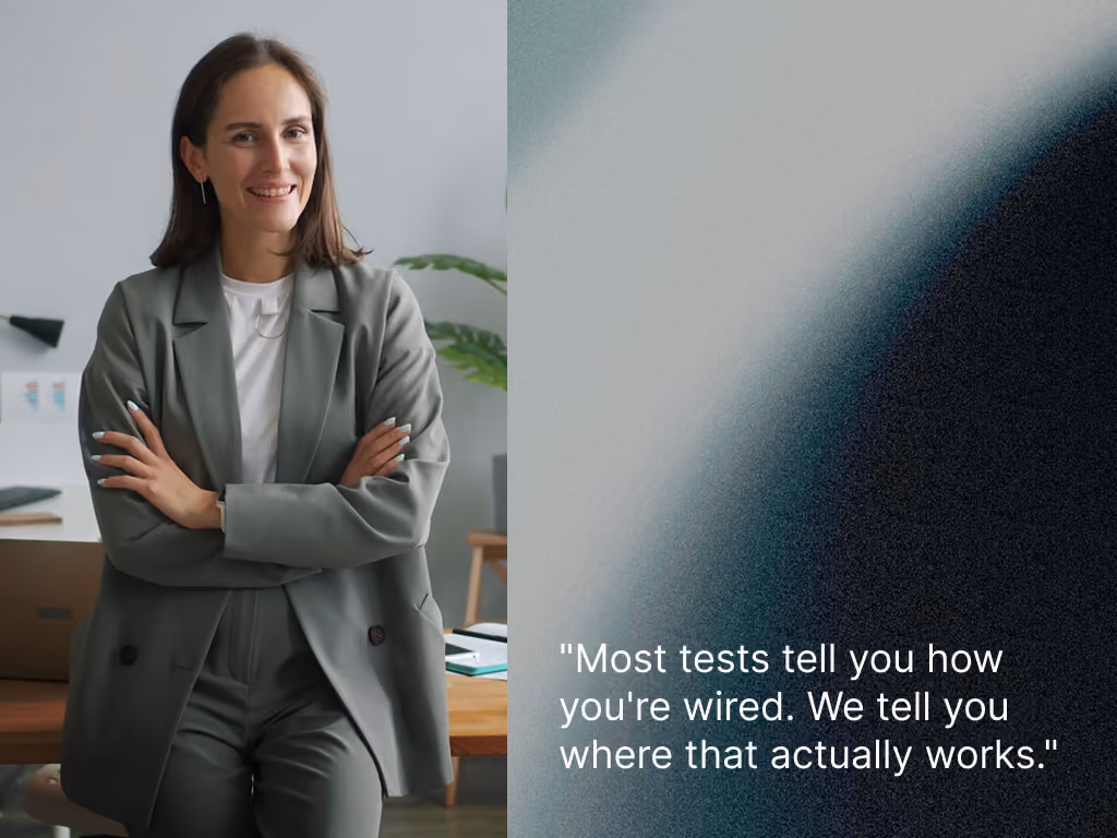 Woman smiling outdoors with quote: most tests tell you how you're wired, we tell you where that actually works