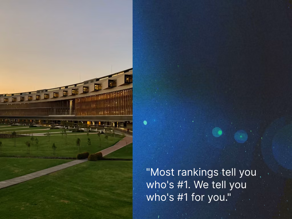 University campus at dusk with quote: most rankings tell you who's number one, we tell you who's number one for you