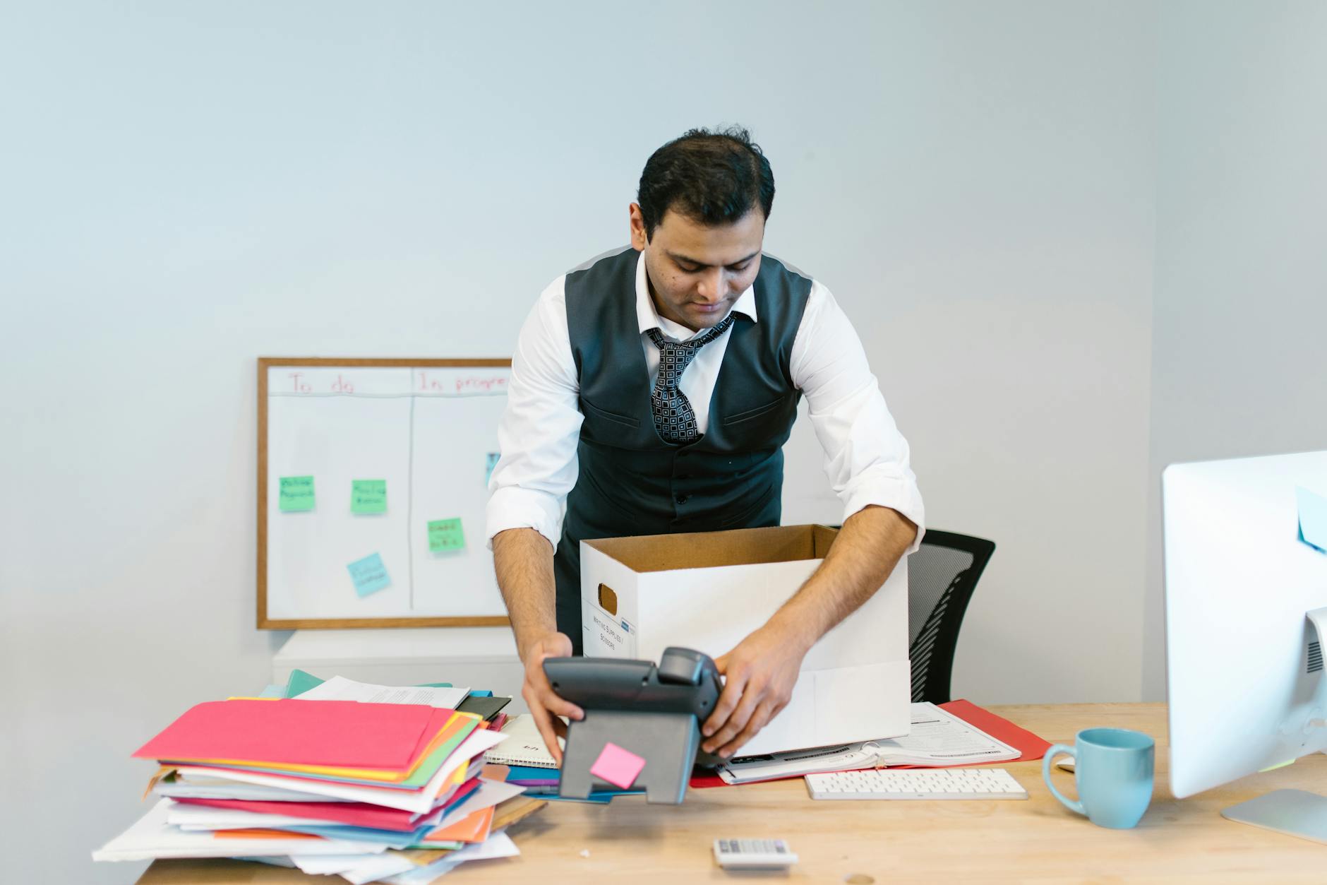 Man packing office desk before relocating abroad