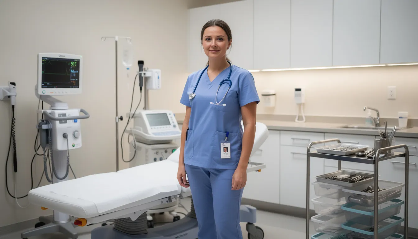 The image shows a healthcare professional in a clinical setting, surrounded by various medical equipment, emphasizing the importance of health services in New Zealand. This setting highlights the role of registered professionals who may be part of the pathway to residence for skilled workers in the country.