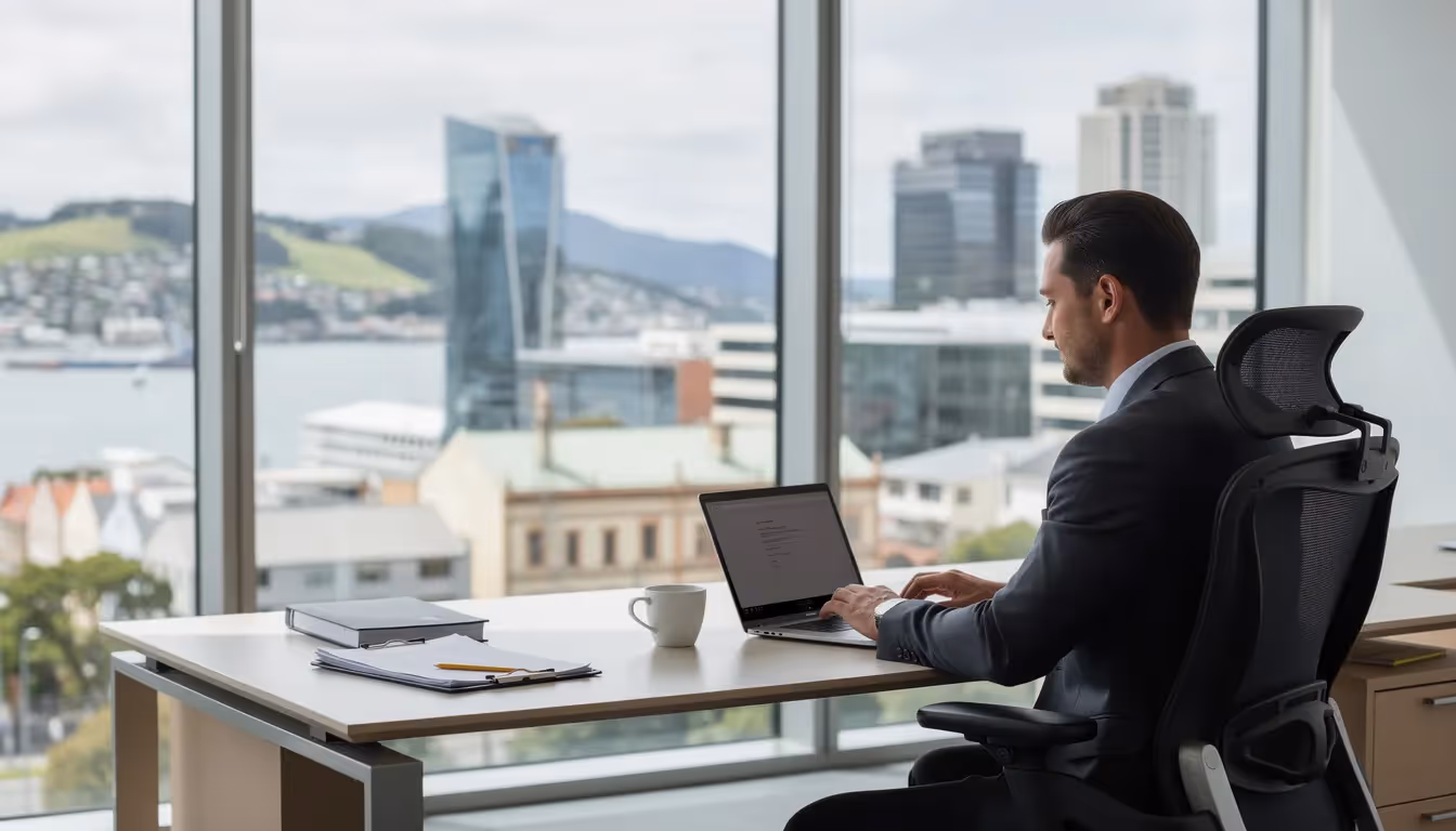 A professional is focused on their laptop in a modern office, with a stunning New Zealand cityscape visible through large windows. The workspace reflects a vibrant urban environment, ideal for those considering a work visa in New Zealand or a pathway to residence.