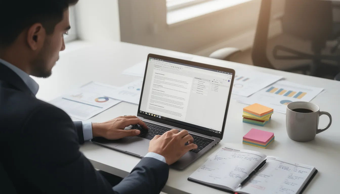 A person is sitting at a desk, reviewing documents on a laptop while surrounded by planning materials, which may include information related to applying for residence in New Zealand or pathways to residence through work visas. The scene suggests a focus on job qualifications and requirements for skilled roles in fields such as engineering or construction.