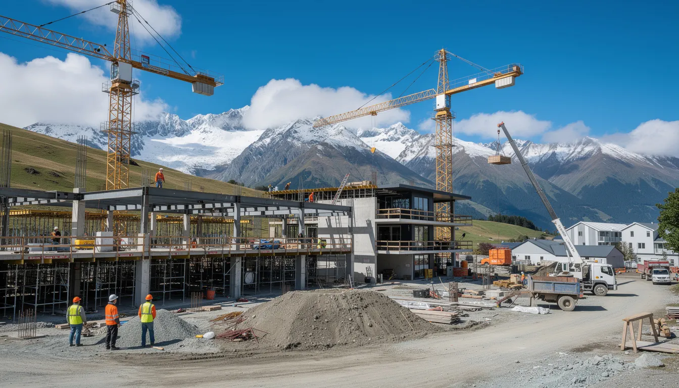 The image depicts a bustling construction site in New Zealand, featuring workers in hard hats and cranes at work, all set against a stunning mountain backdrop. This scene highlights the thriving construction industry, which offers various roles for skilled workers seeking opportunities and pathways to residence in New Zealand.