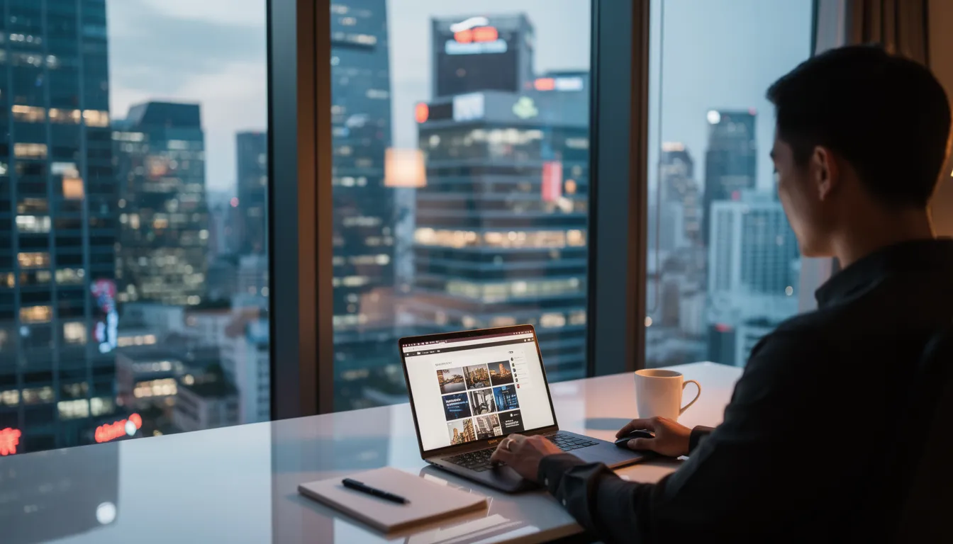A person is seated at a desk, focused on working on a laptop, while a stunning modern Asian city skyline is visible through the window, representing the dynamic life of international citizens living abroad. This scene captures the essence of expatriates navigating their careers in new countries, surrounded by the vibrant expat community.