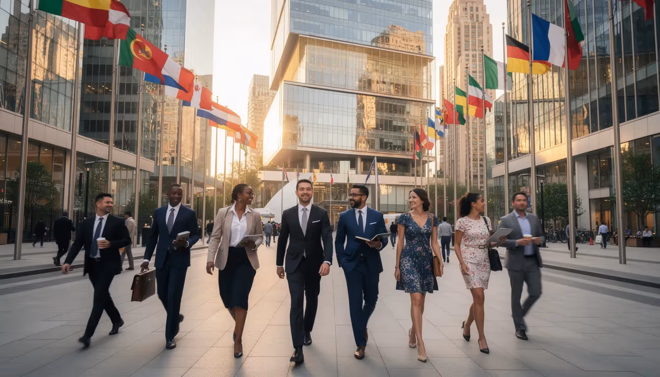 The image depicts a group of diverse professionals walking through a vibrant modern city center, surrounded by international flags, symbolizing the global community of expatriates. This scene captures the essence of moving abroad and the shared experiences of international citizens as they embark on their life-changing journey in a new country.
