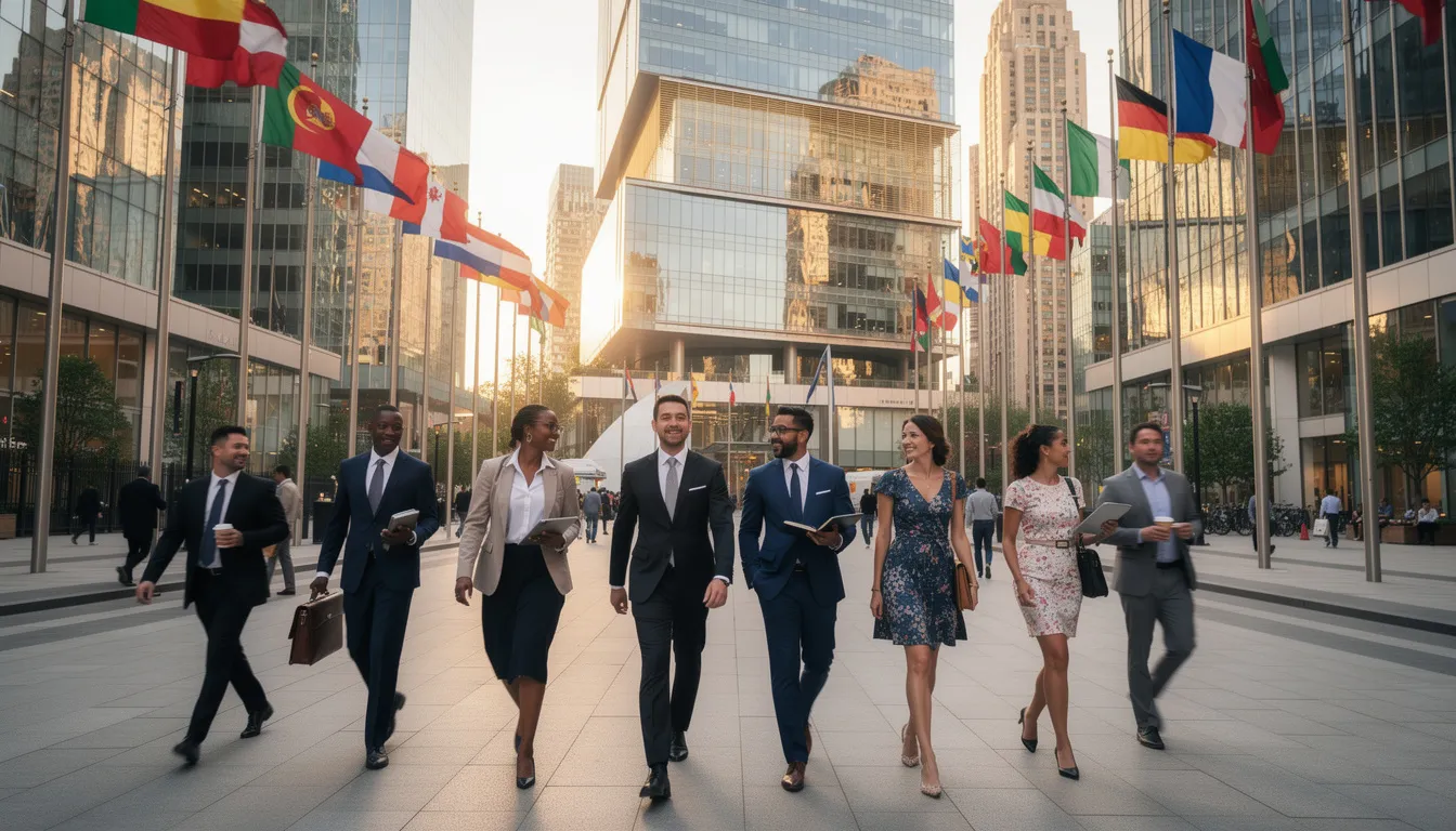 The image depicts a group of diverse professionals walking through a vibrant modern city center, surrounded by international flags, symbolizing the global community of expatriates. This scene captures the essence of moving abroad and the shared experiences of international citizens as they embark on their life-changing journey in a new country.