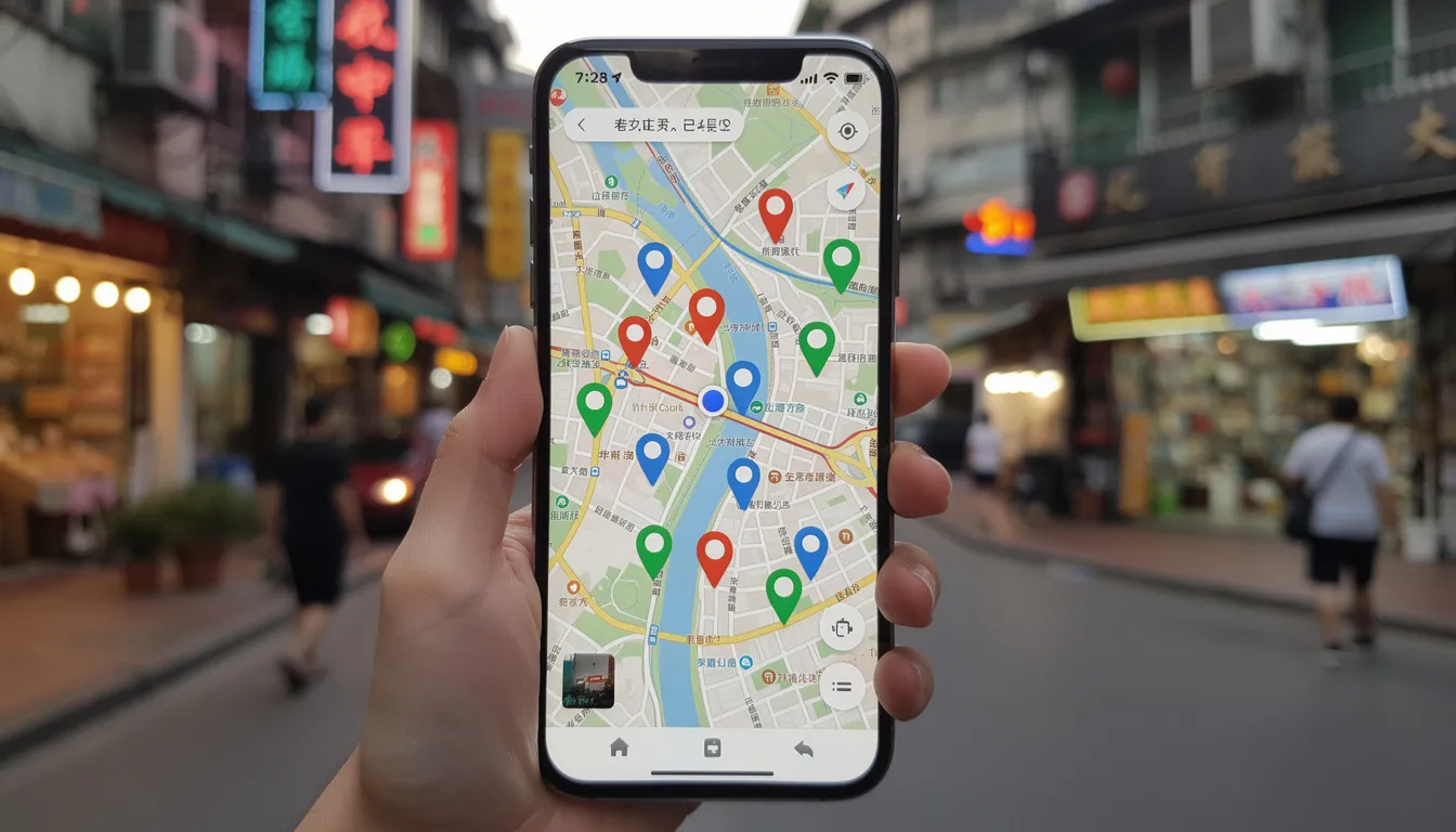 The image shows a smartphone screen displaying a vibrant map application filled with various location pins in an Asian city, symbolizing the journey of international citizens moving abroad and exploring new lives in exciting expat destinations. This visual highlights the importance of resources and expert advice for expatriates navigating their new surroundings.