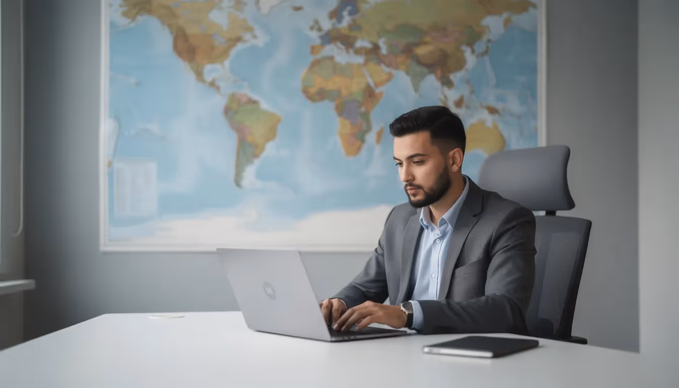 A professional person is sitting at a desk, focused on researching job opportunities on a laptop, with a large world map displayed in the background. This scene reflects the pursuit of the right job through job listings and career exploration.