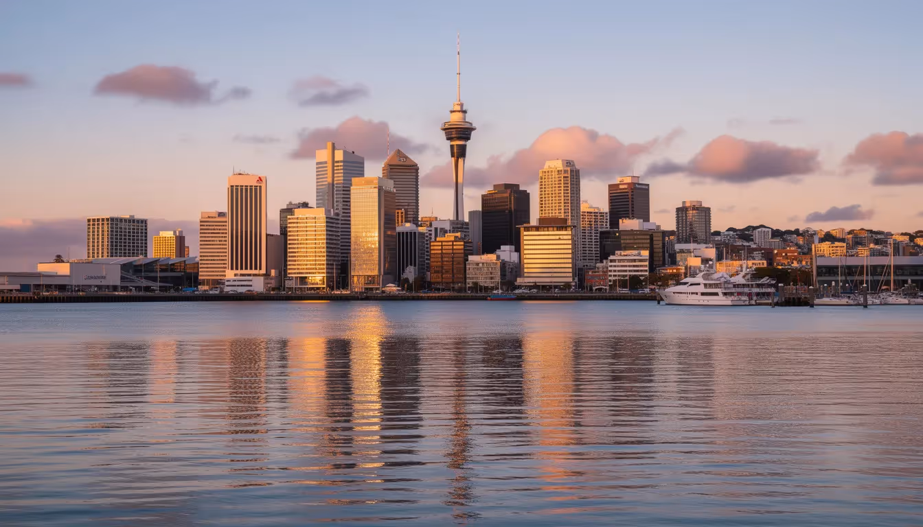 The image features the vibrant skyline of Auckland, New Zealand, showcasing a mix of modern buildings and the serene harbour. This bustling city scene reflects opportunities for job seekers, with various job vacancies and career paths available in this dynamic urban environment.