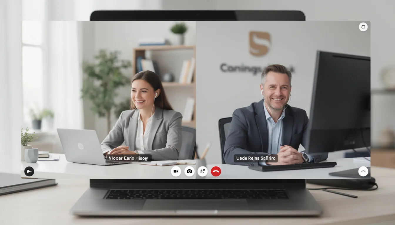 The image depicts a professional video call between two individuals engaged in a discussion about various job opportunities and career paths. They are exchanging insights about job listings and preparing for potential job interviews, highlighting the importance of skills and interests in the job search process.