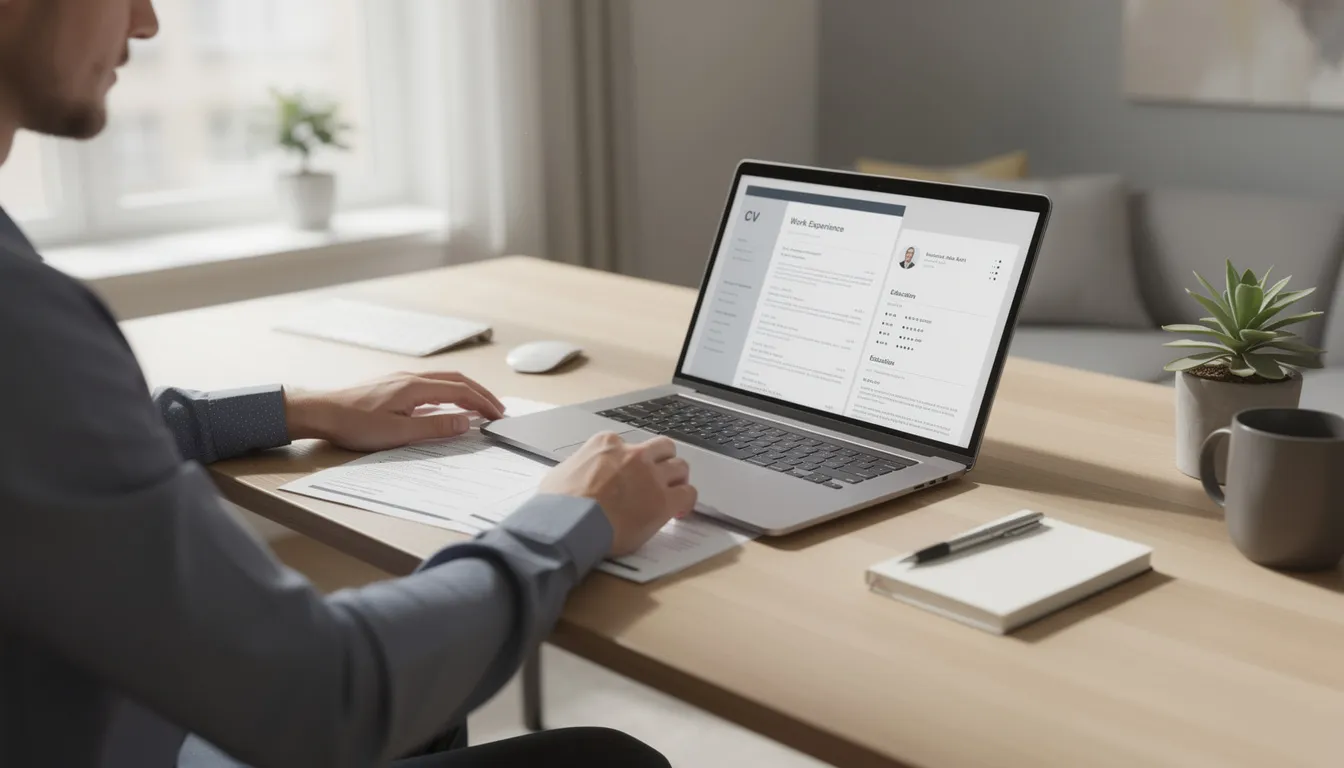 A person is seated at a modern desk, focused on creating CV documents using a laptop, as they prepare for their job search and explore various job opportunities. The workspace is organized, reflecting their dedication to finding the right job and making impactful job applications.