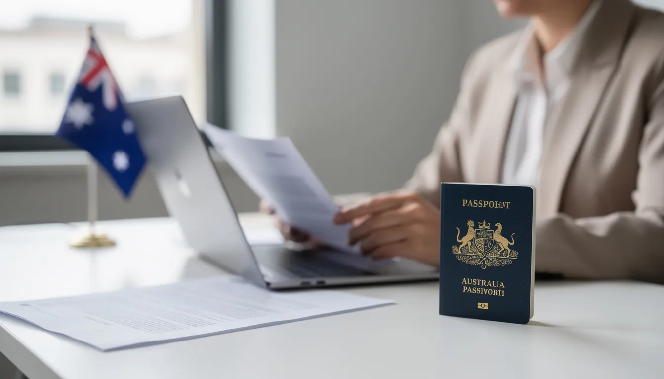 A professional migration agent is intently reviewing documents on a laptop, with an Australian passport and the Australian flag prominently displayed, symbolizing their expertise in the visa application process and immigration advice for clients seeking permanent residency in Australia.