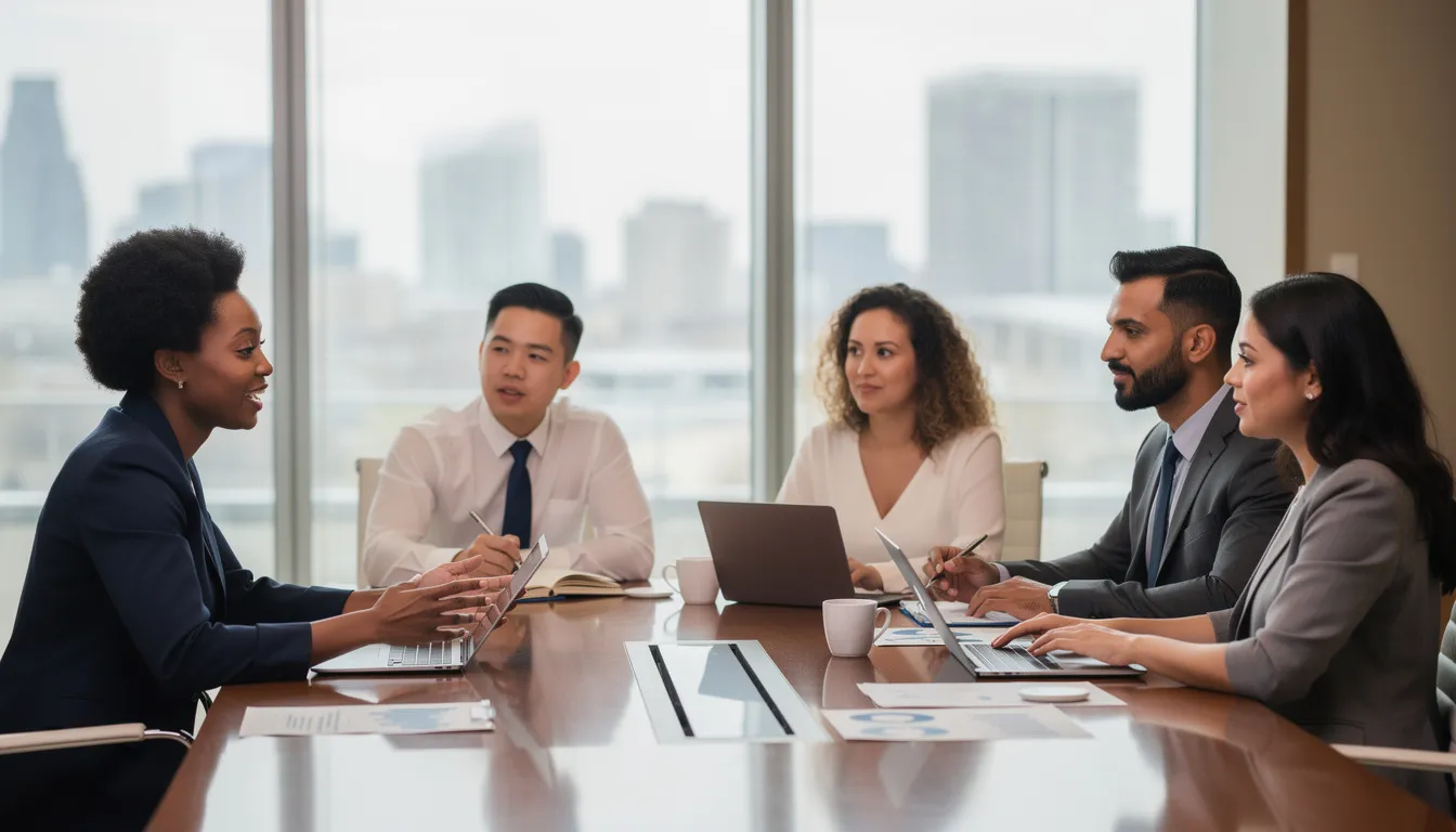 A diverse group of professionals, including registered migration agents and immigration consultants, is engaged in a consultation meeting, discussing the visa application process and providing valuable advice to clients about their migration journey to Australia. The atmosphere is collaborative, emphasizing the importance of professional support in navigating Australian immigration laws and securing the right visa for a successful outcome.