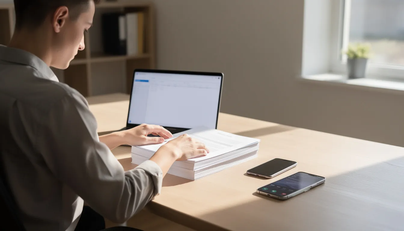 A person is seen organizing documents on a desk, accompanied by a laptop and smartphone, symbolizing the meticulous work of migration agents who assist clients with the visa application process and provide valuable immigration advice. This scene reflects the importance of being well-prepared and supported in one's migration journey, ensuring a smooth transition to a new life in Australia.
