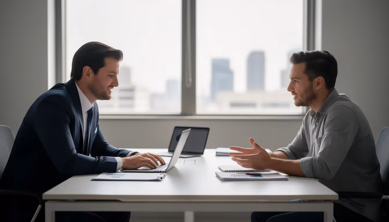 A career counsellor is seated at a desk, engaged in a professional consultation meeting with a client, discussing career options and development strategies. They are focused on creating a personalized career action plan to help the client achieve their career goals and navigate their career journey.