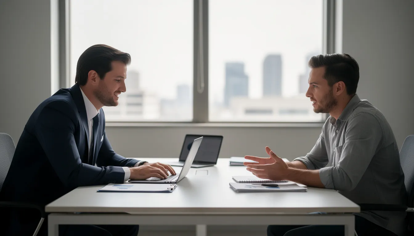 A career counsellor is seated at a desk, engaged in a professional consultation meeting with a client, discussing career options and development strategies. They are focused on creating a personalized career action plan to help the client achieve their career goals and navigate their career journey.