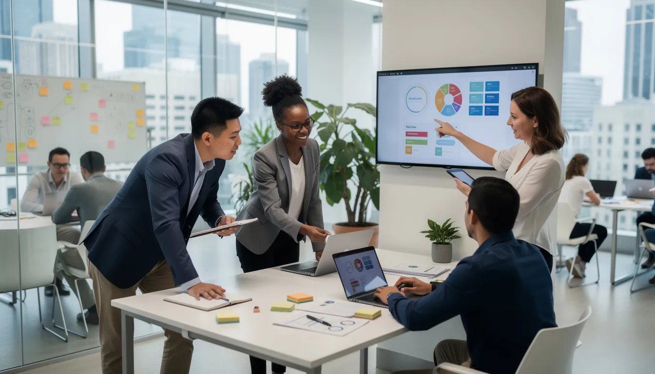 A diverse group of young professionals is collaborating in a modern office environment, discussing career development strategies and sharing ideas about their career paths. The scene reflects teamwork and innovation, highlighting the importance of career guidance and support in achieving their career goals.